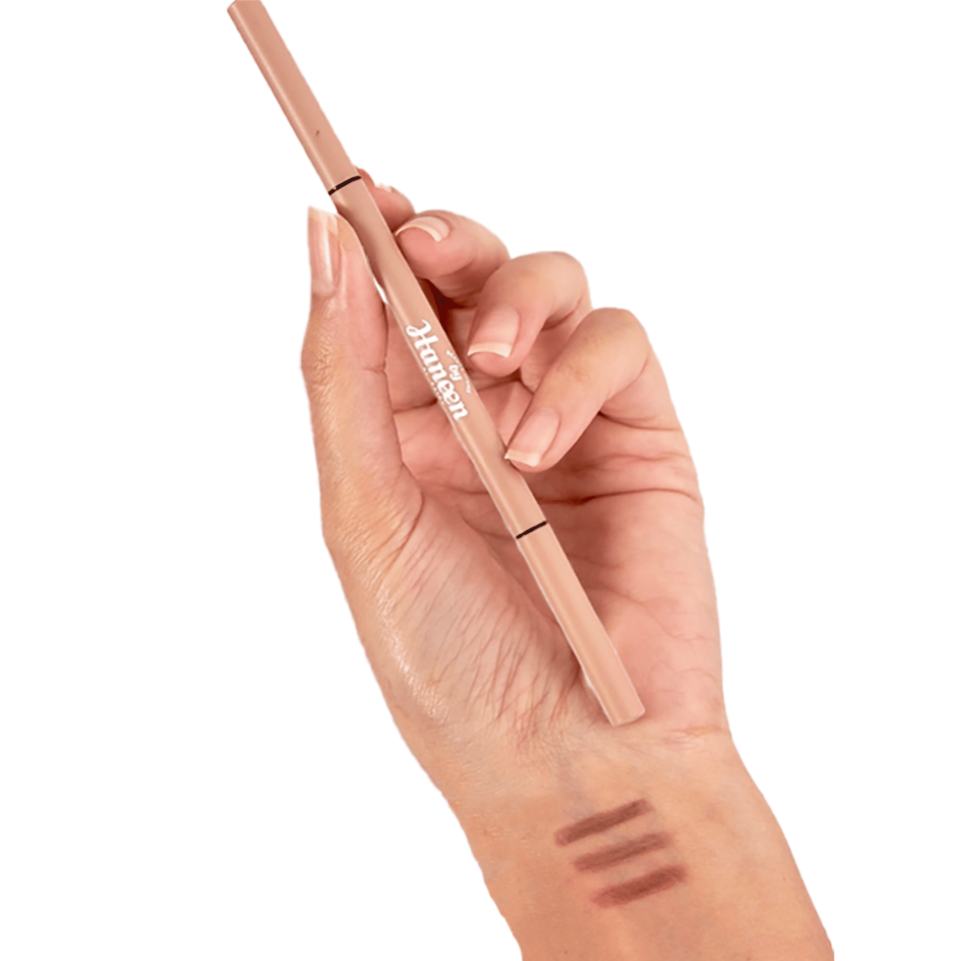 Hand holding a makeup pencil with a visible brand name on a white background
