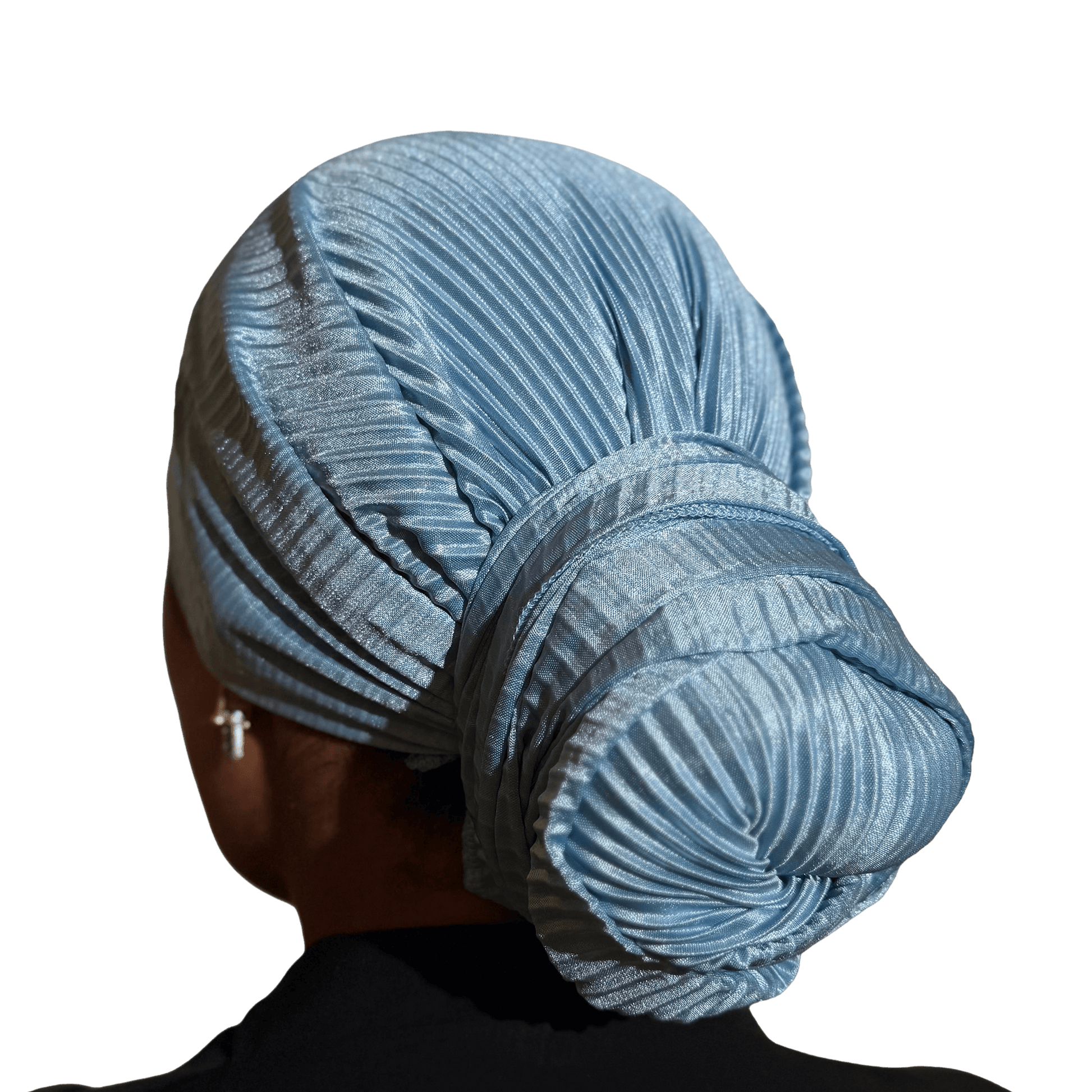 A light blue pleated fabric headwrap styled on a model's head, shown from the back against a solid black background.