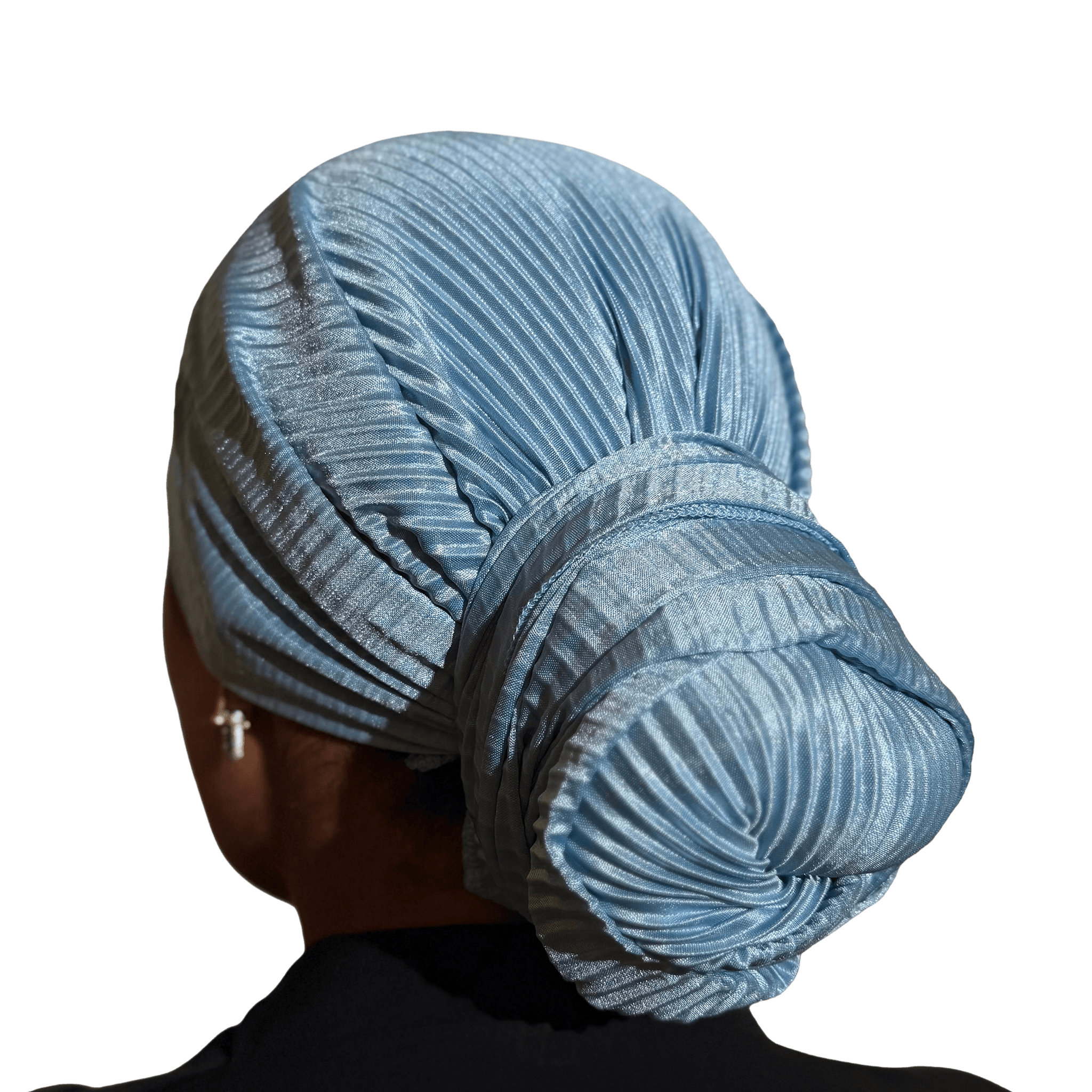 A light blue pleated fabric headwrap styled on a model's head, shown from the back against a solid black background.