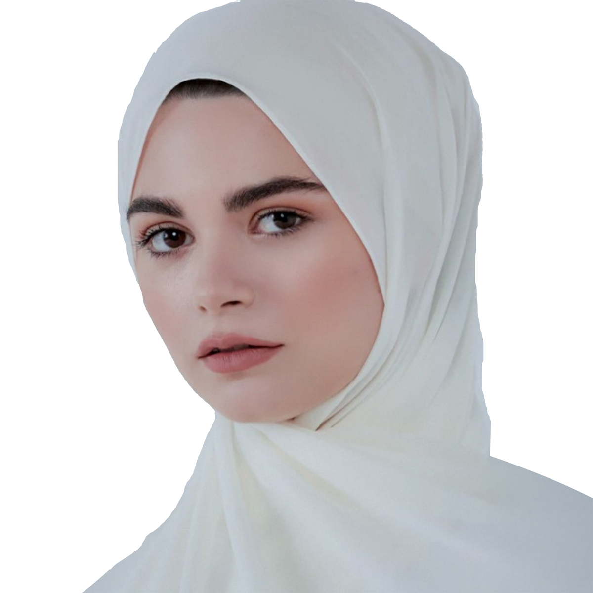 Woman wearing a white hijab on a white background