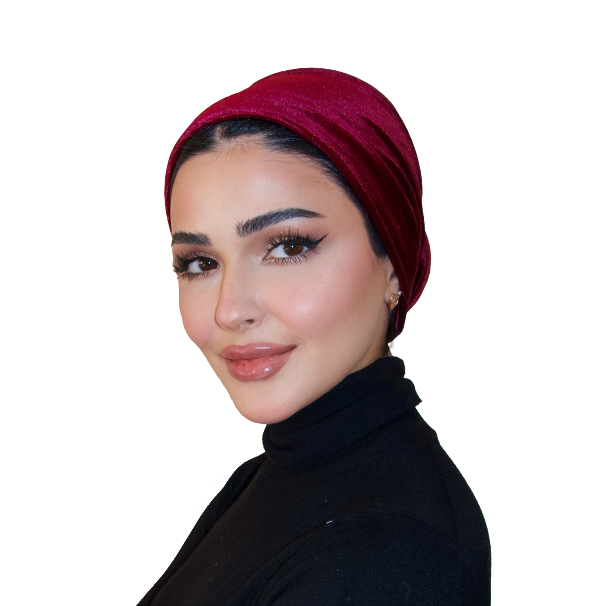 Woman wearing a red headscarf and black outfit on a white background