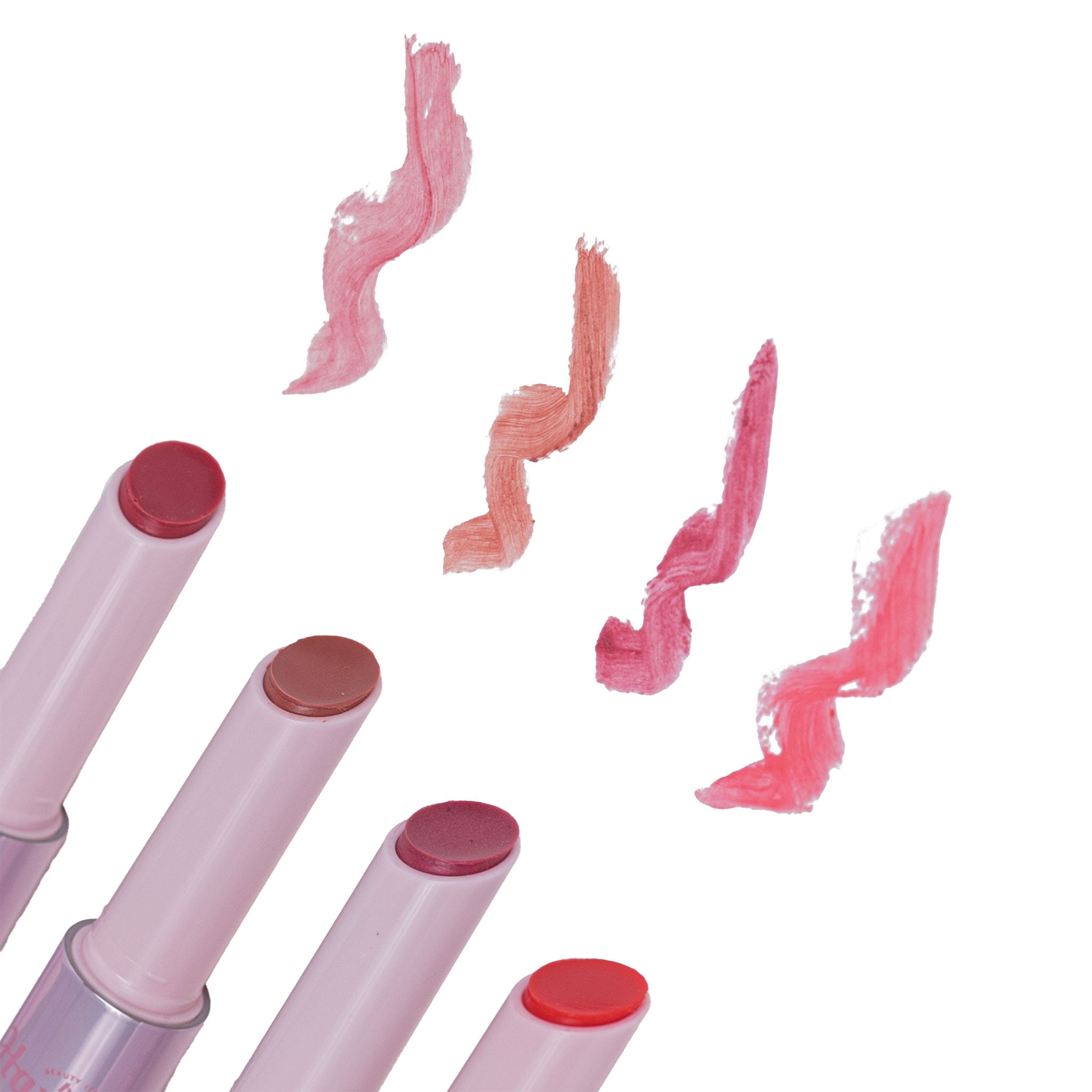 Pink lip balms with visible swatches on a white background