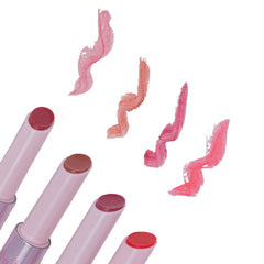 Pink lip balms with visible swatches on a white background