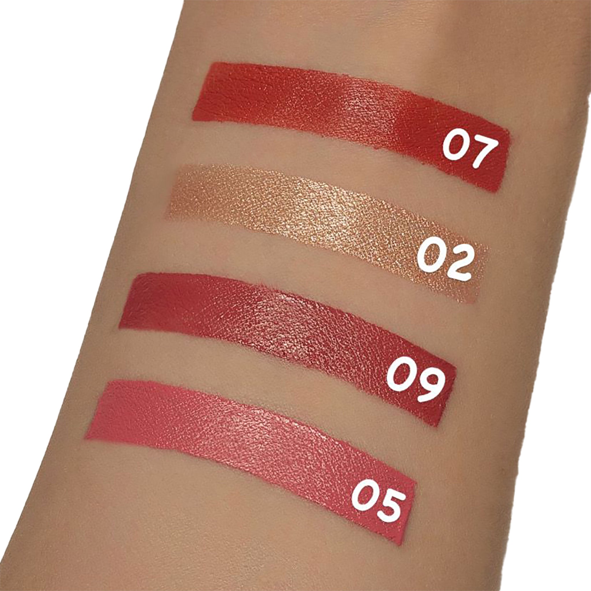 Lipstick swatches on a arm with numbers indicating color shades.