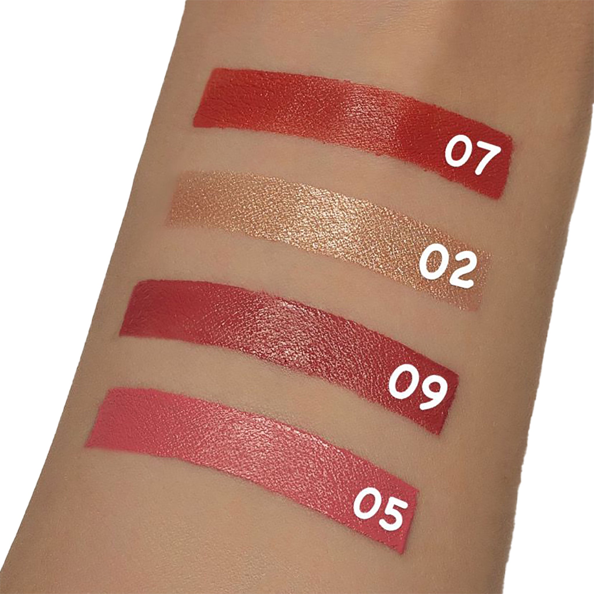 Lipstick swatches on a person's arm with color codes 07, 02, 09, and 05.