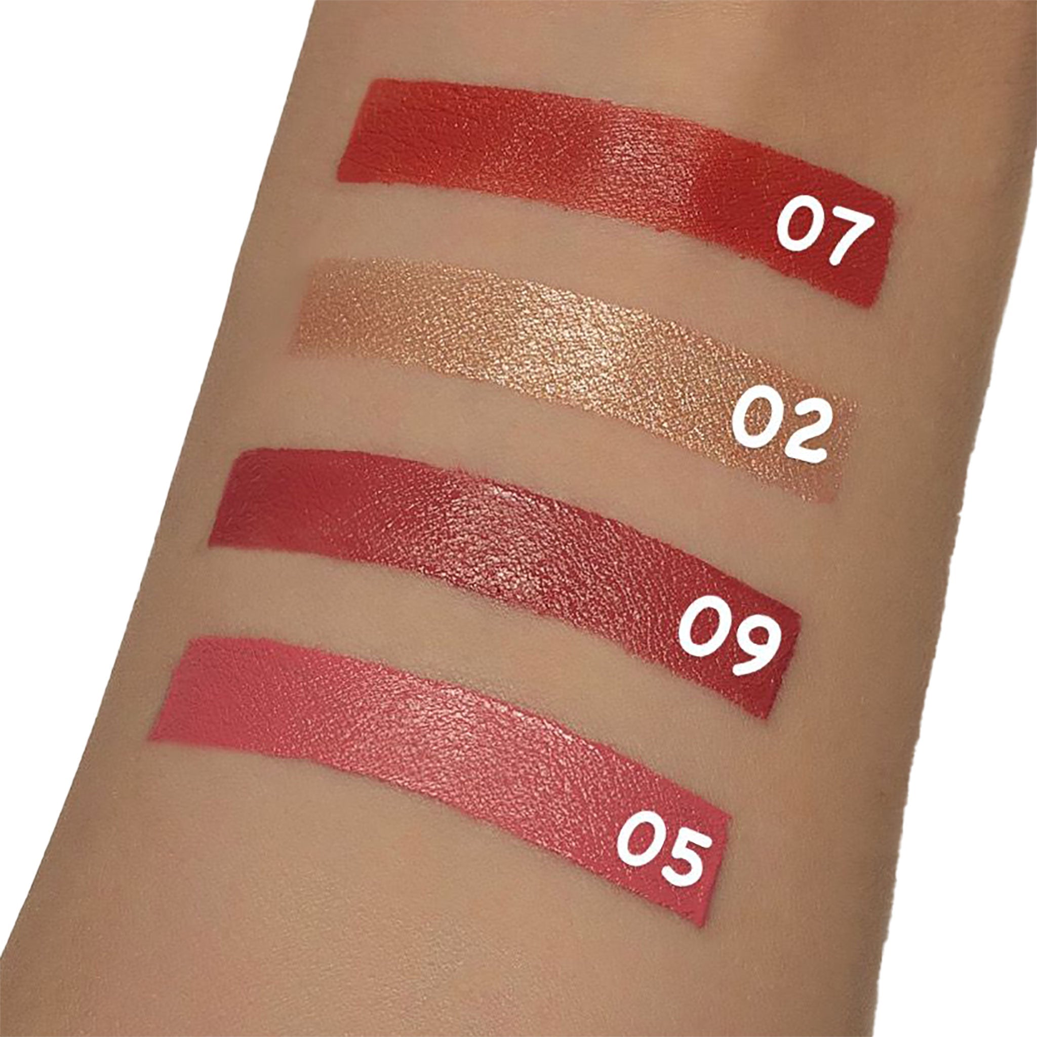 Lipstick swatches on a arm with numbers indicating shades