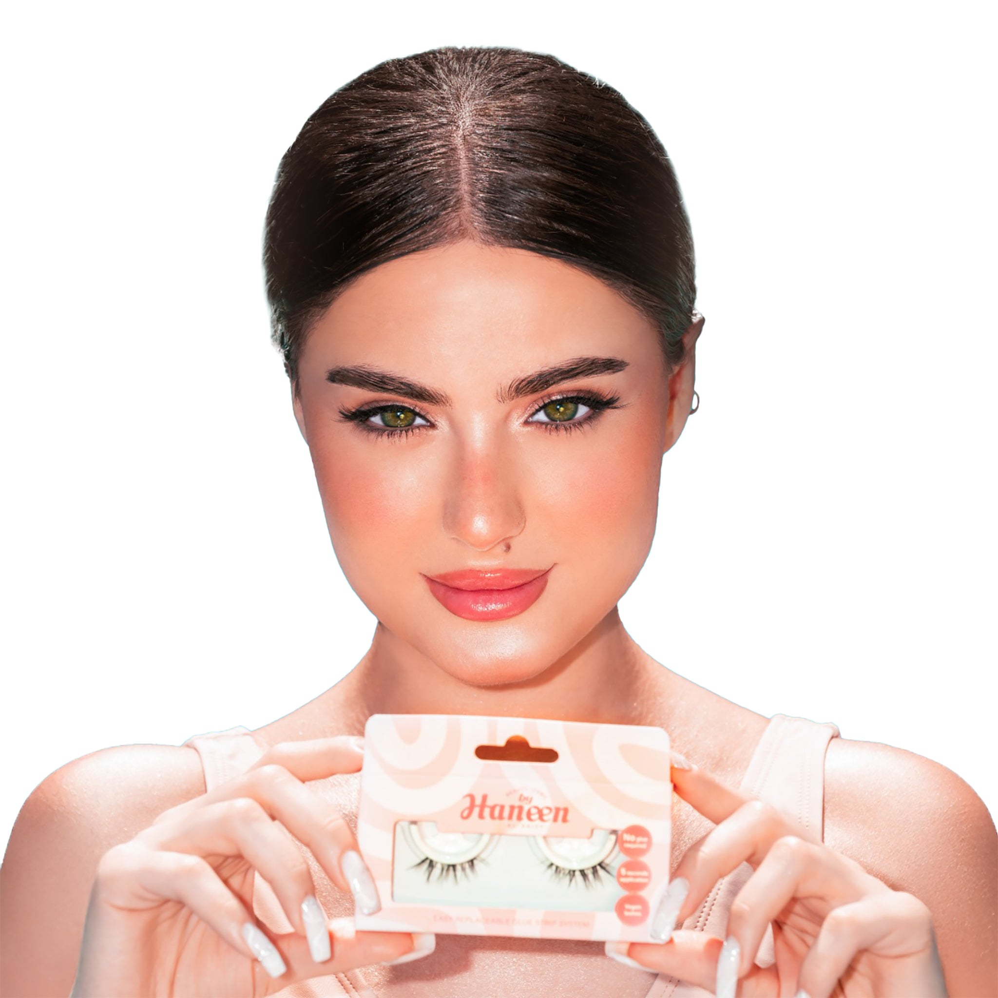 Woman holding a package of false eyelashes with a white background