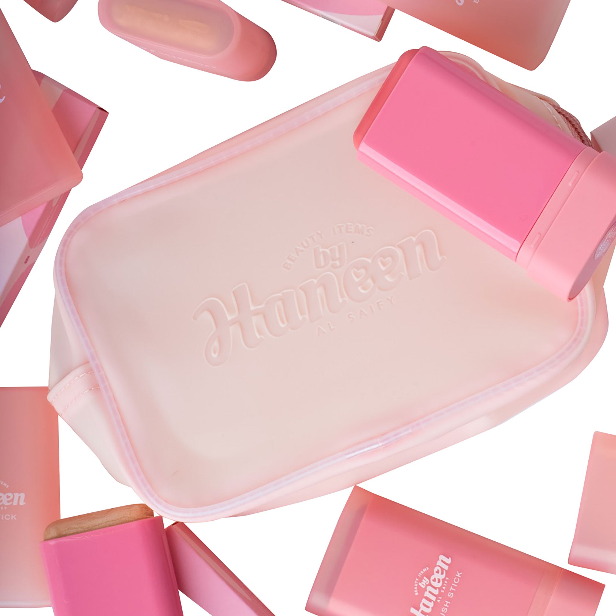 Pink and beige pouches with 'Himawari' branding on a white background