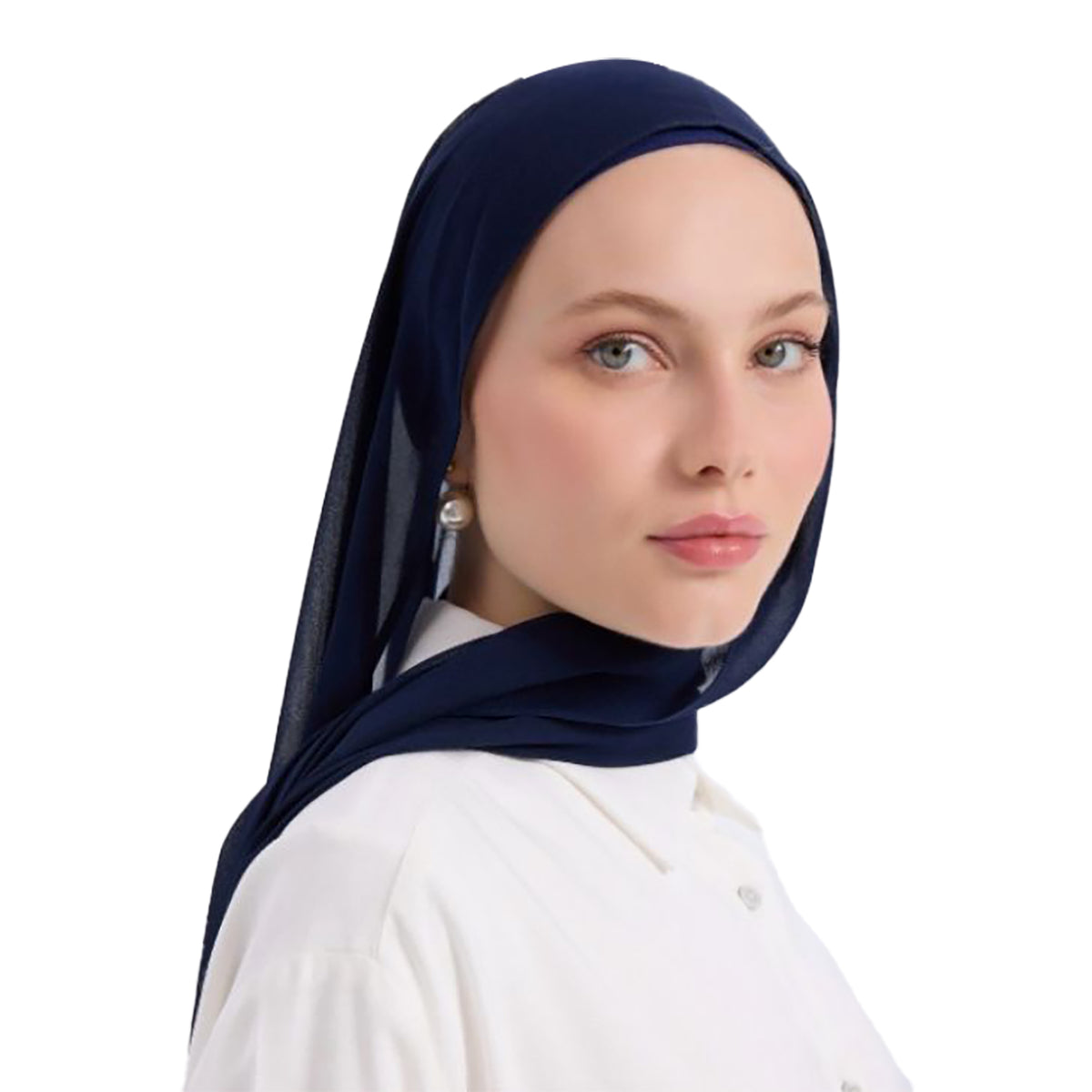 Woman wearing a navy hijab and white shirt on a white background