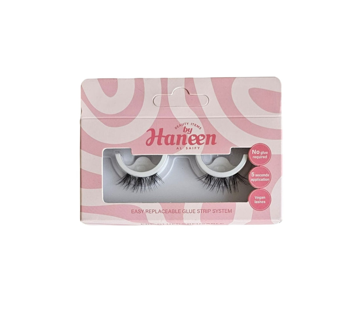 Eyelash packaging with pink and white design on a white background