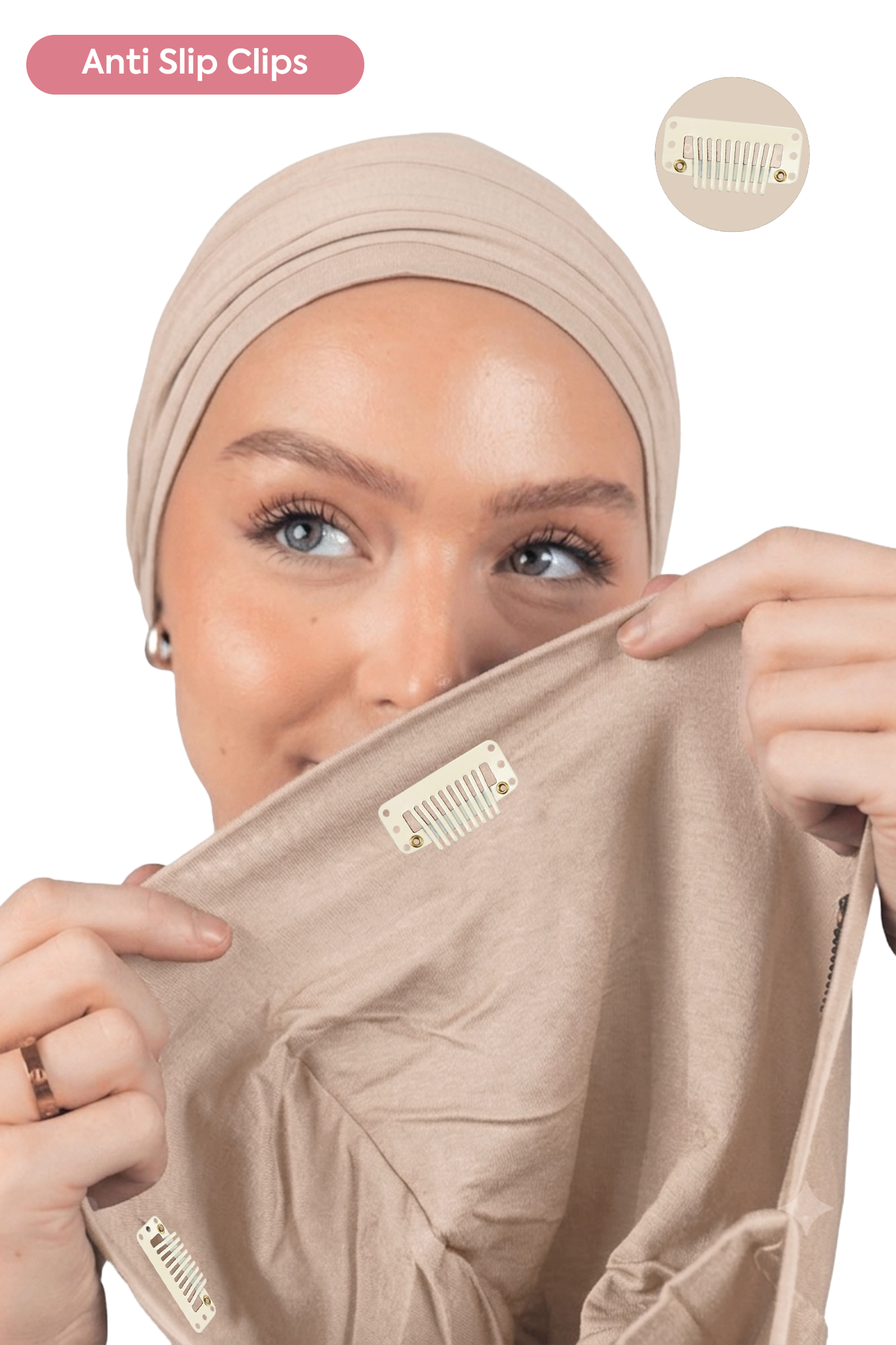 Signature Beige Cotton Turban – Anti Slip Clips
