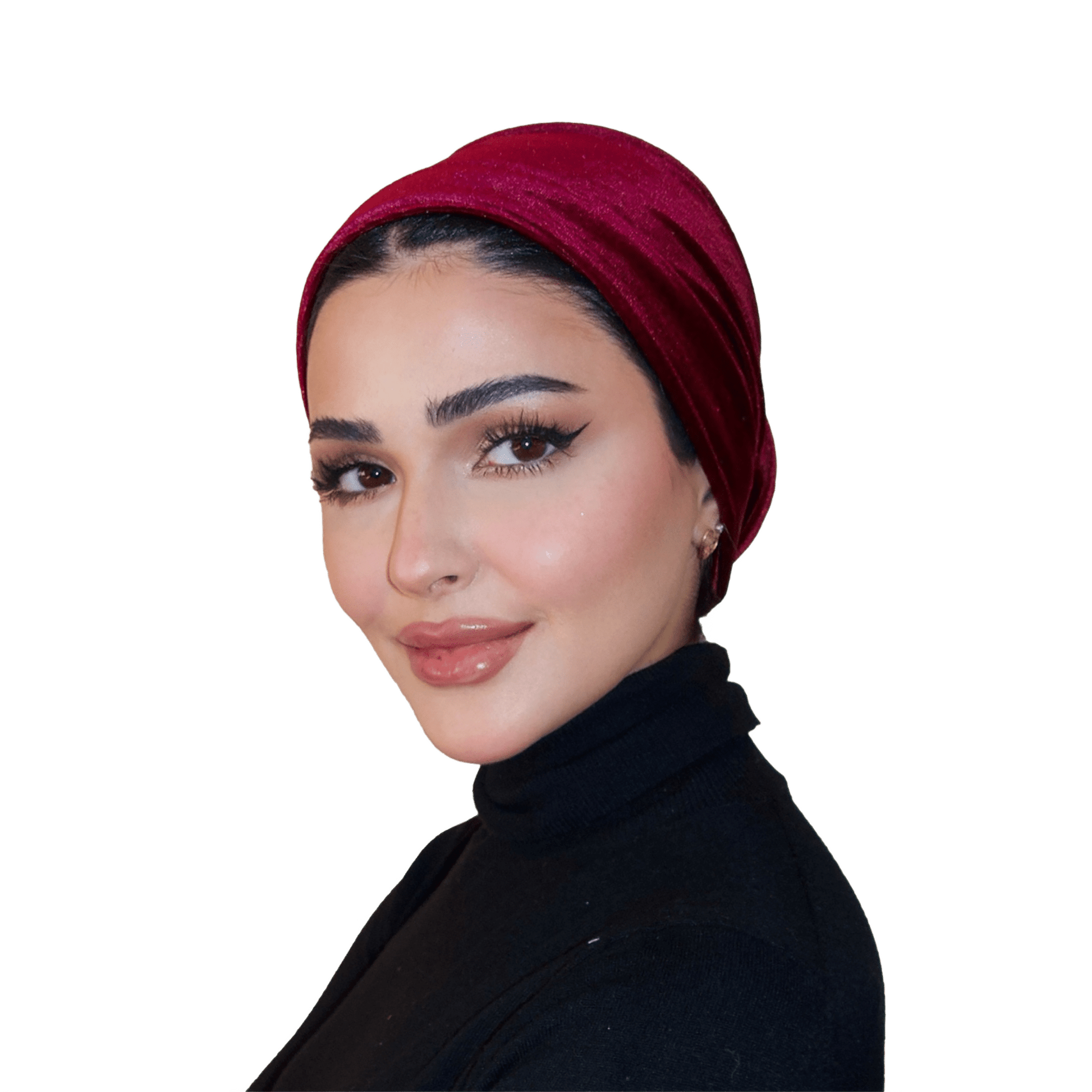 Woman wearing a red headscarf and black outfit on a white background