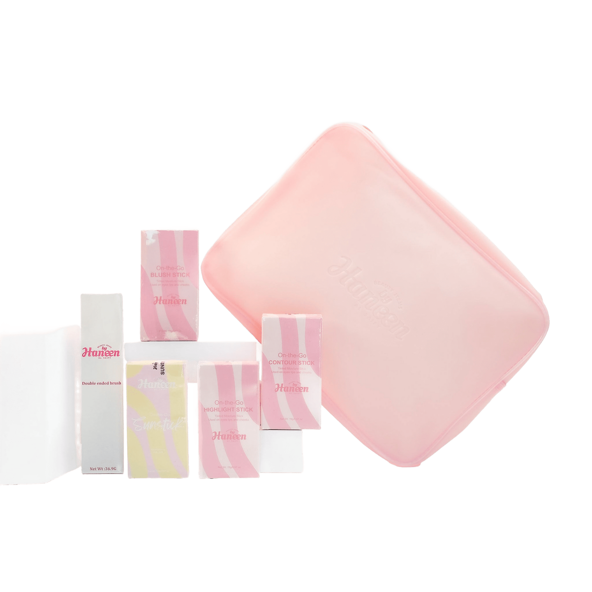 Set of pink and white skincare products with a pink square item on a white background
