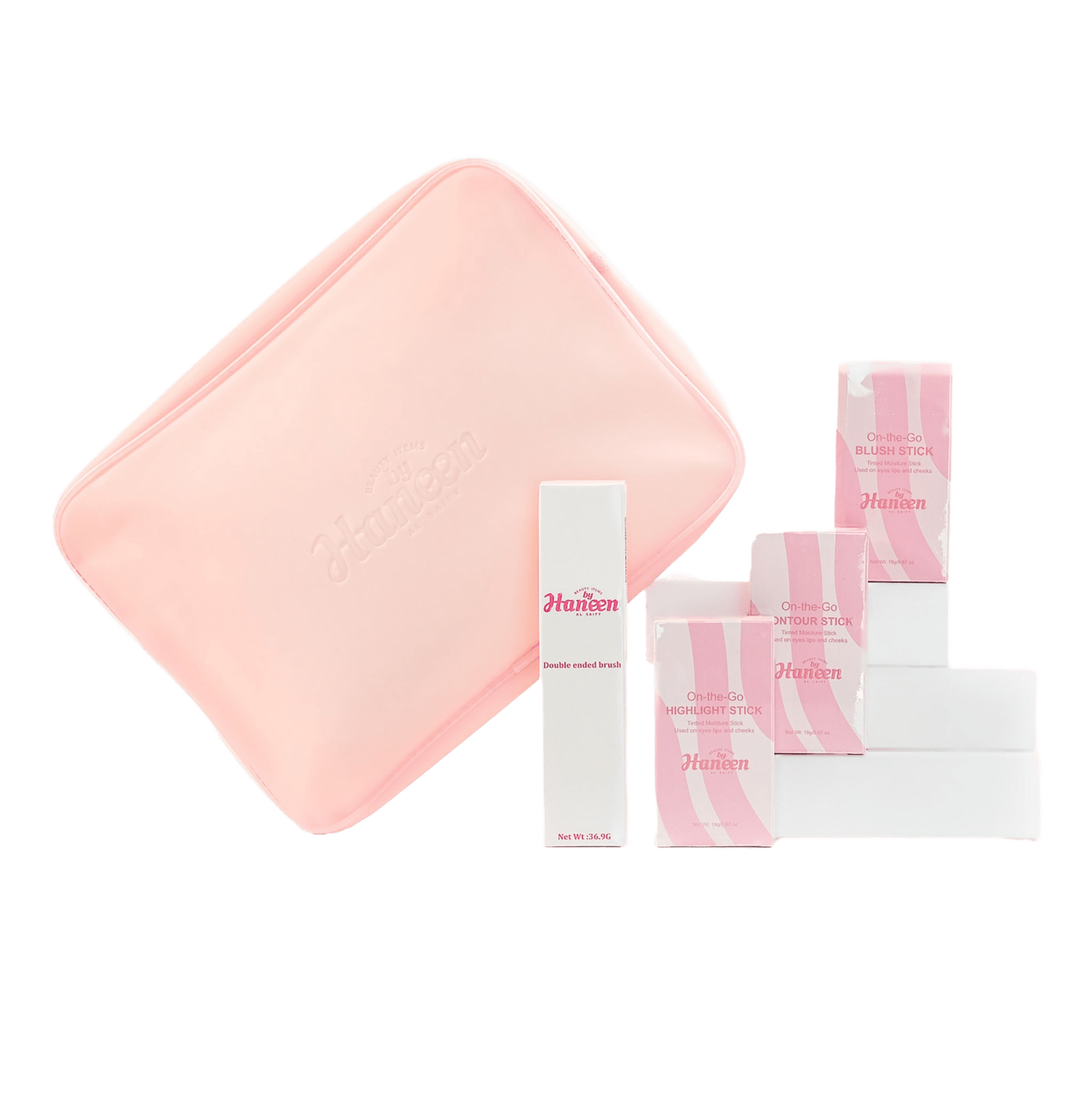 Set of skincare products with pink and white packaging on a white background