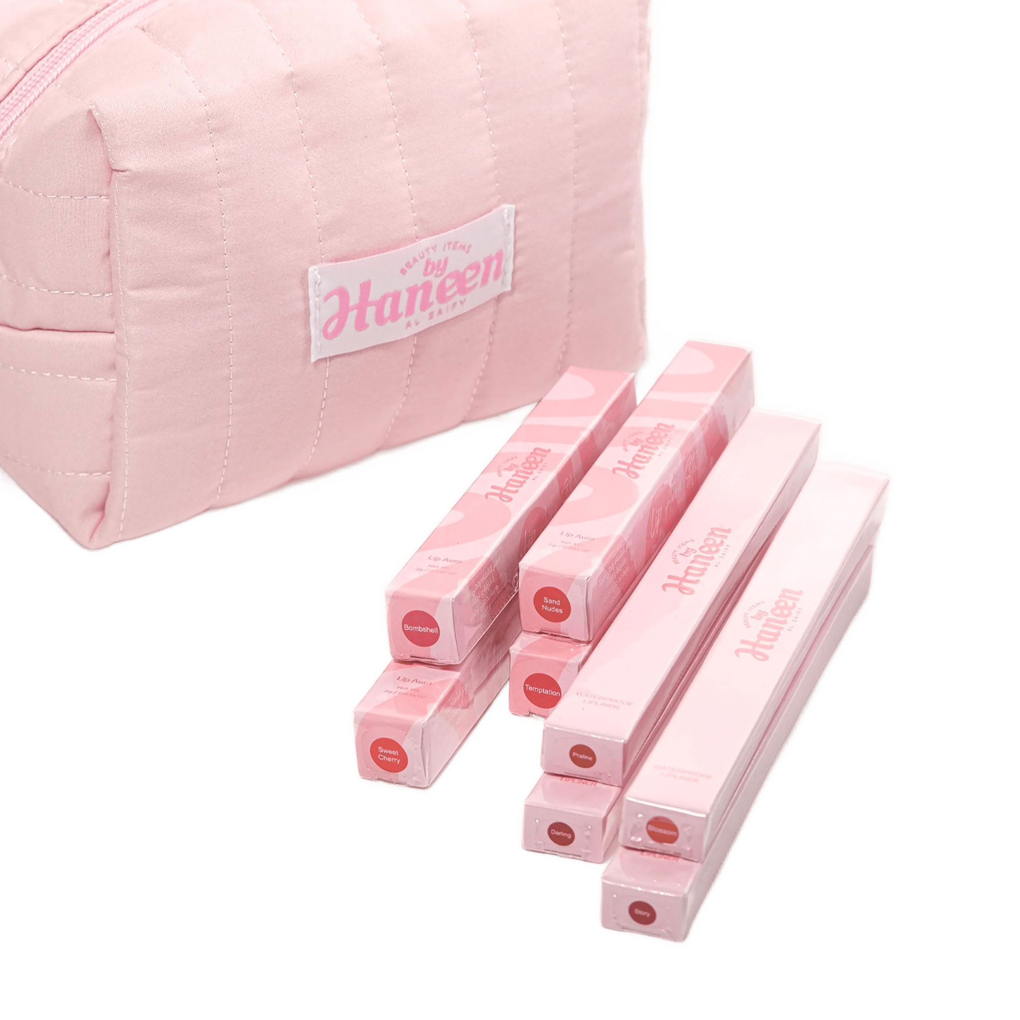 Pink makeup case with 'Haneen' branding and pink lip gloss sticks on a white background