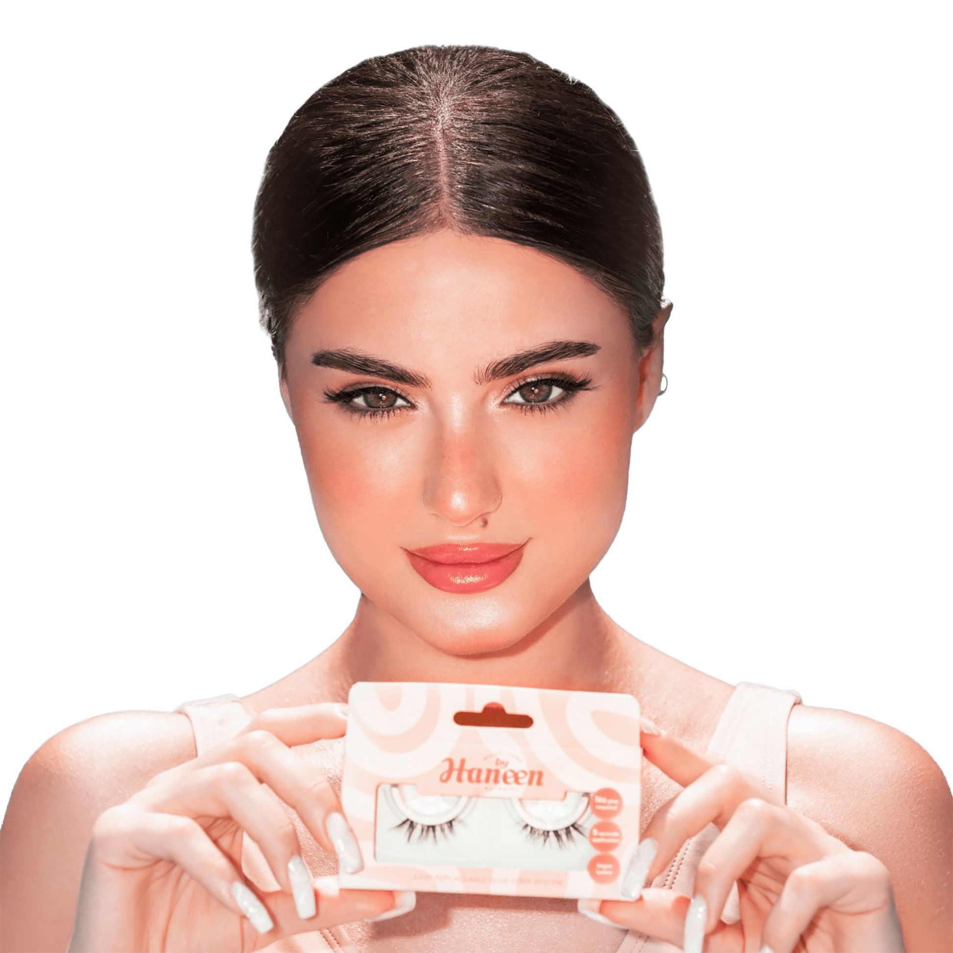 Woman holding a package of false eyelashes with a white background