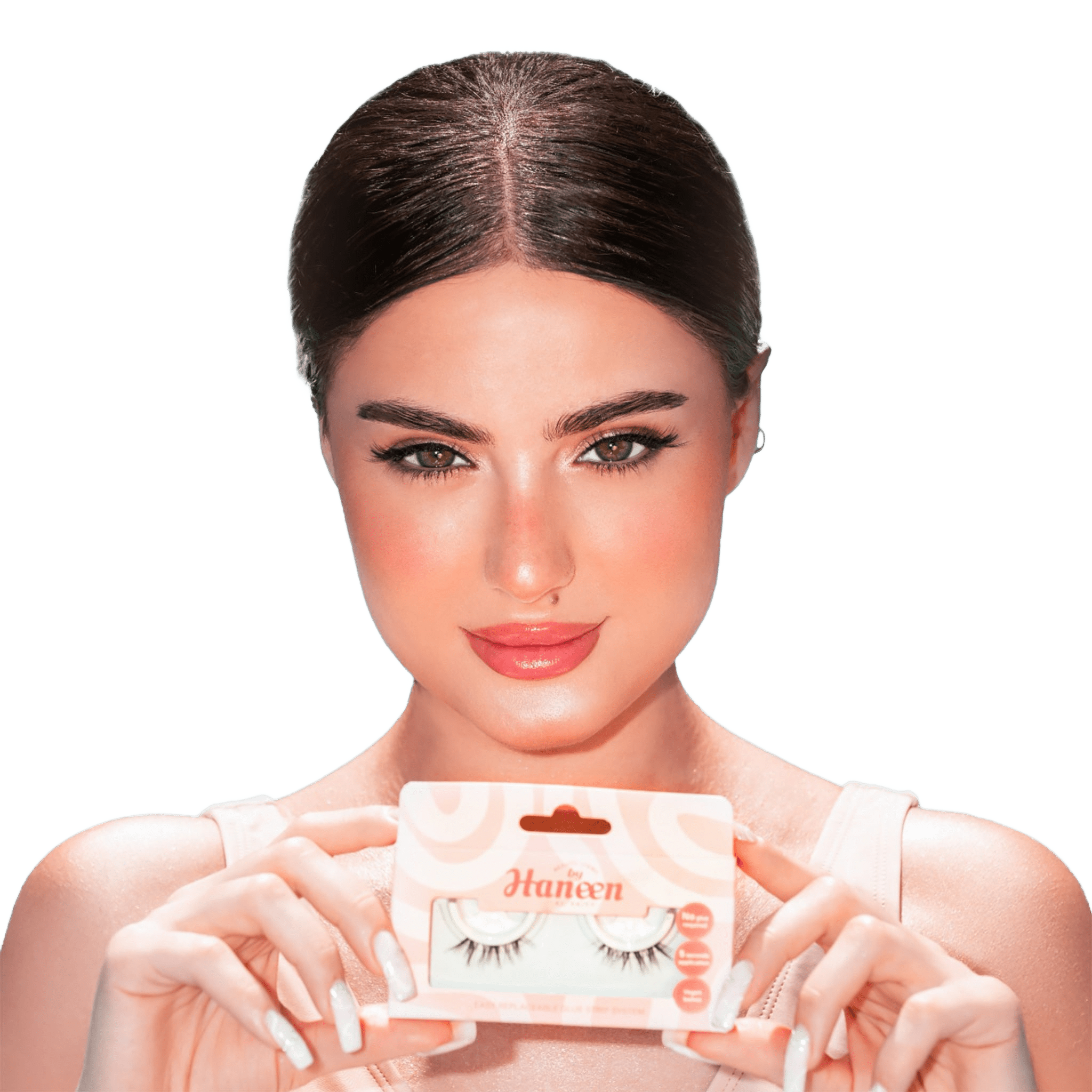 Woman holding a package of false eyelashes with a white background