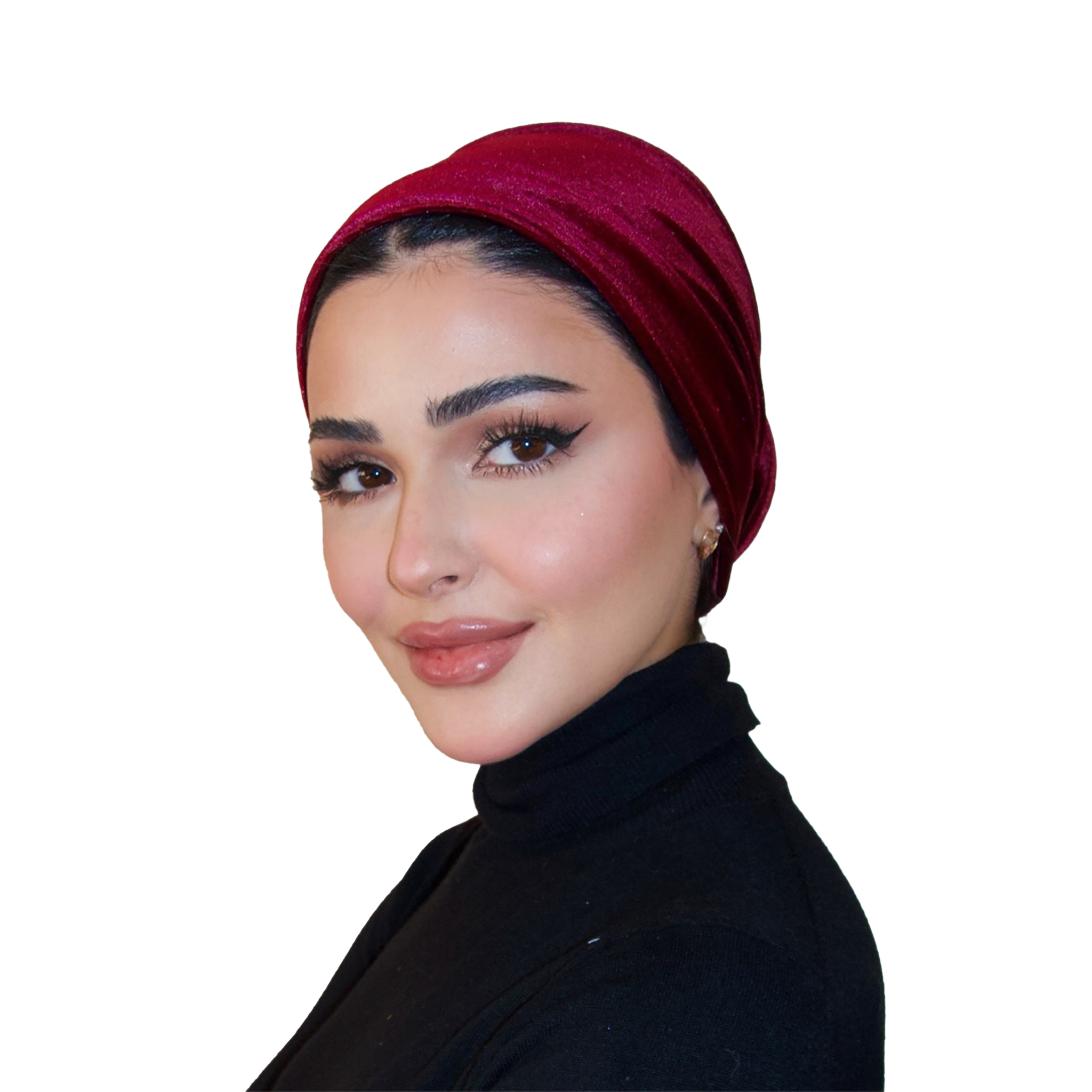 Woman wearing a red headscarf and black outfit on a white background