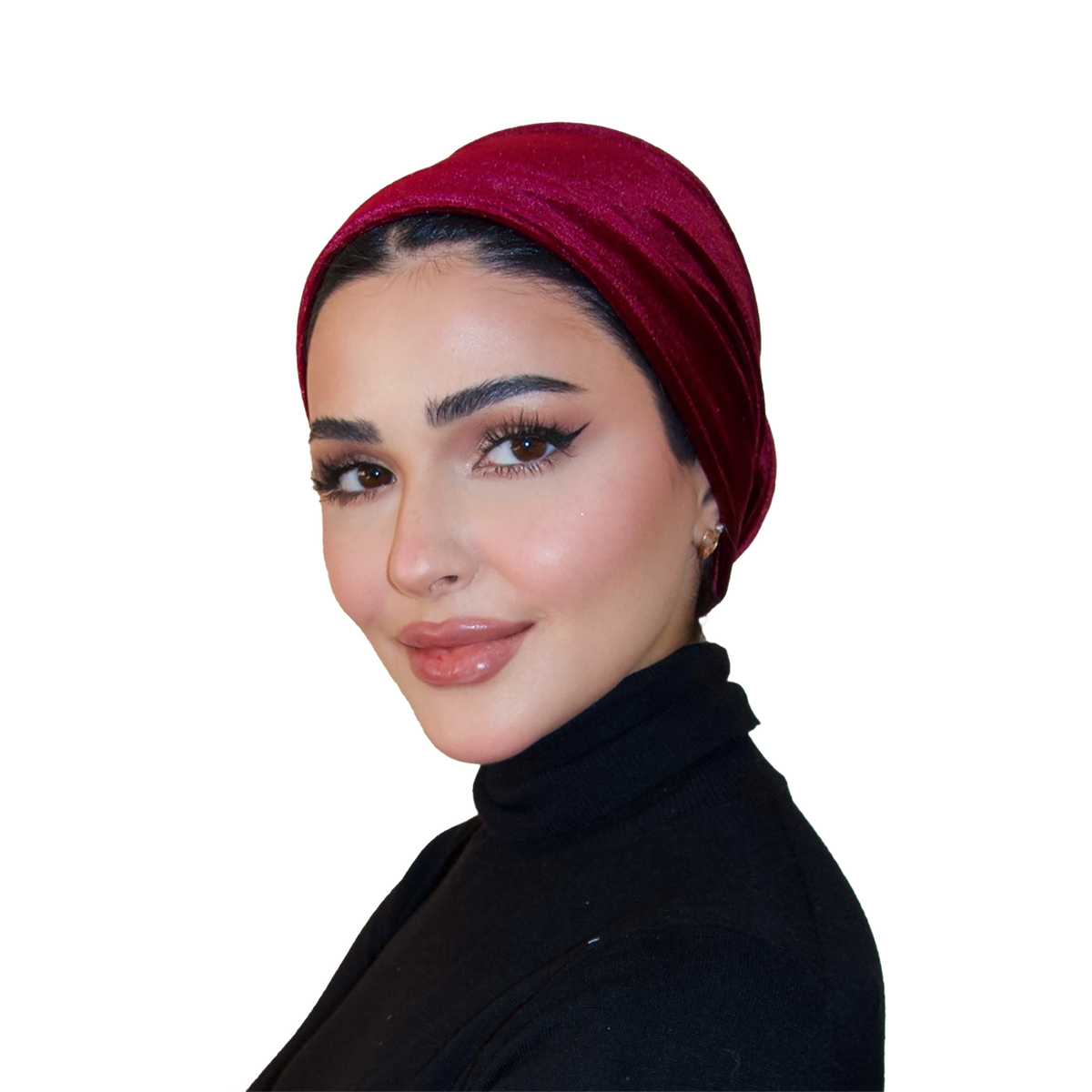 Woman wearing a red headscarf and black outfit on a white background