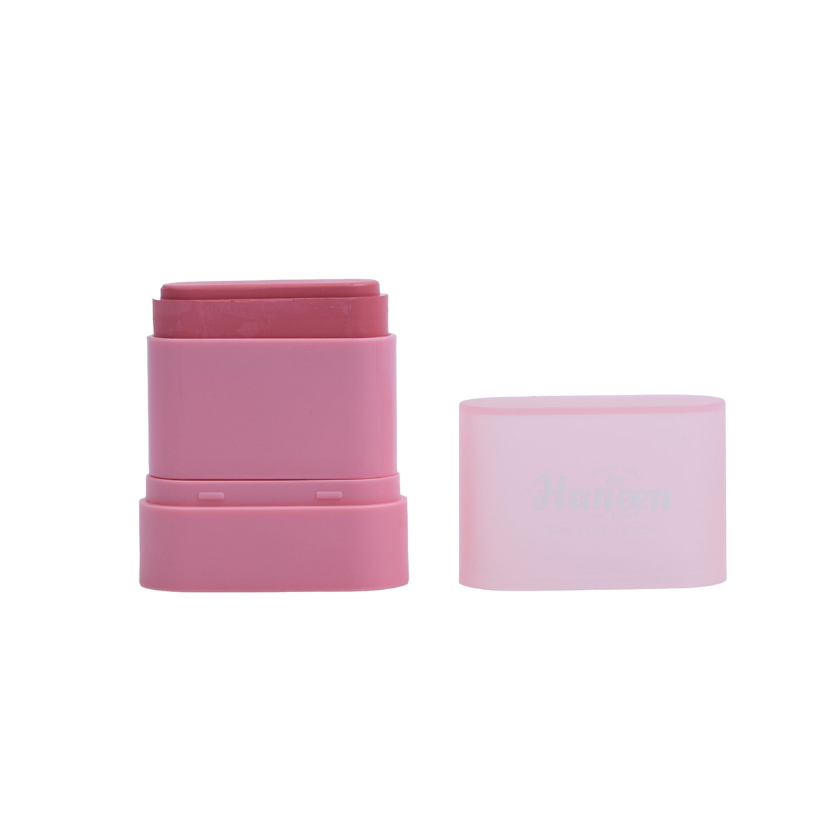 Pink cosmetic stick with a clear cap on a white background