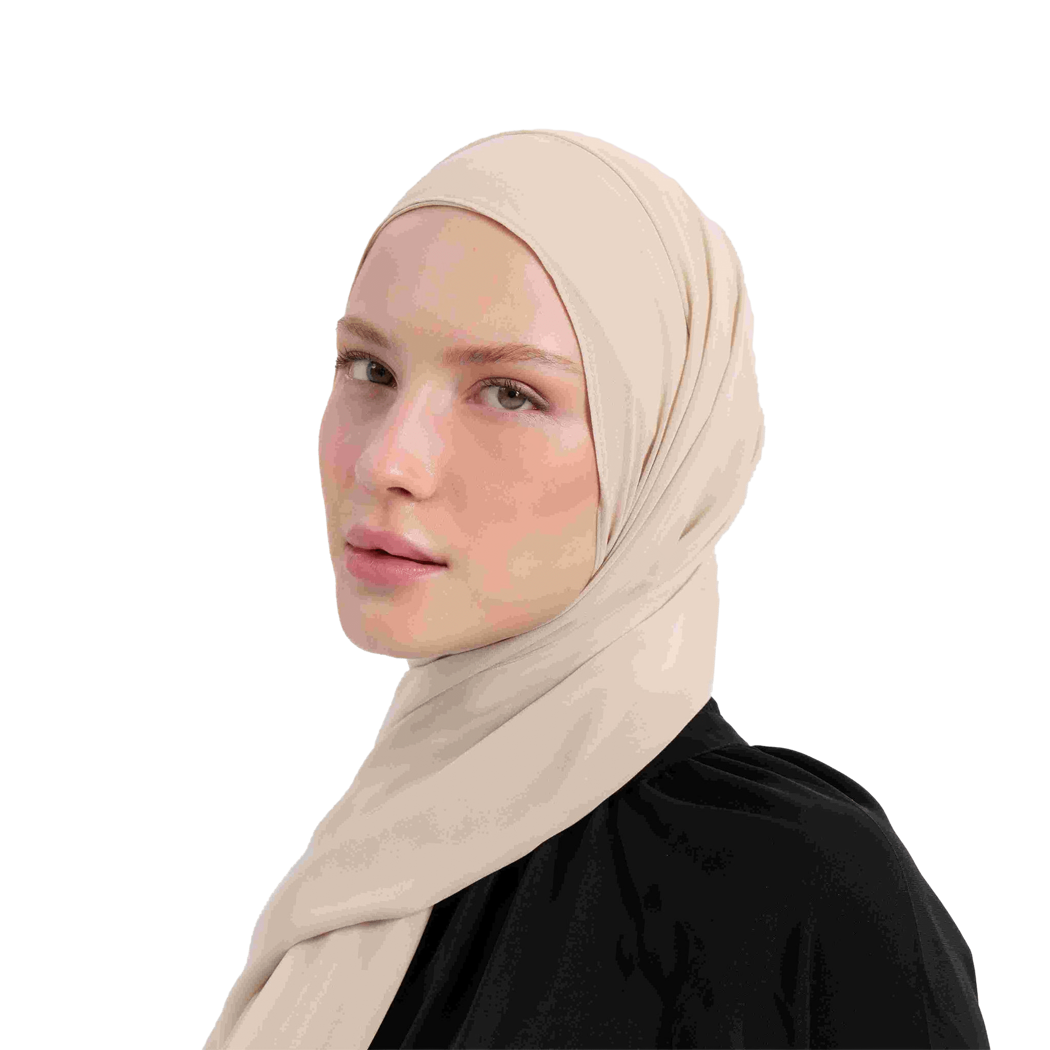 Woman wearing a beige hijab on a white background