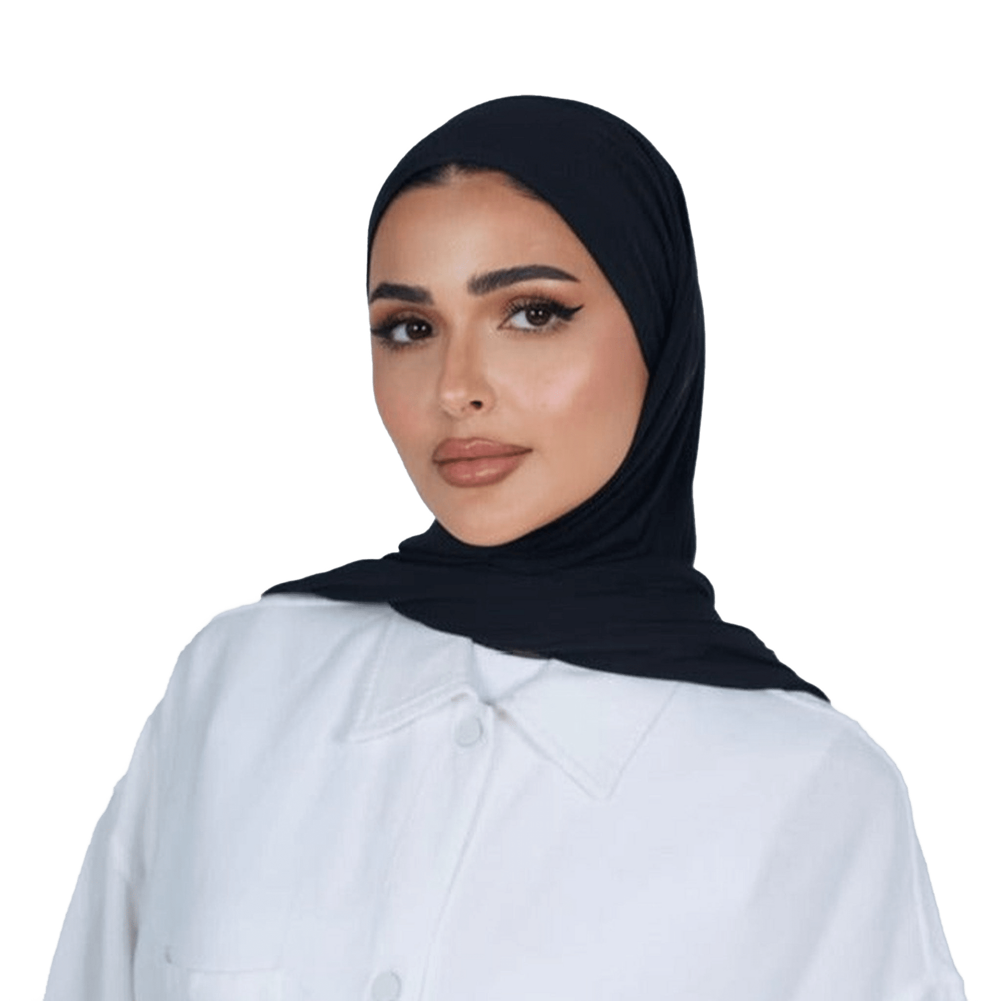 Woman wearing a black hijab and white shirt on a white background
