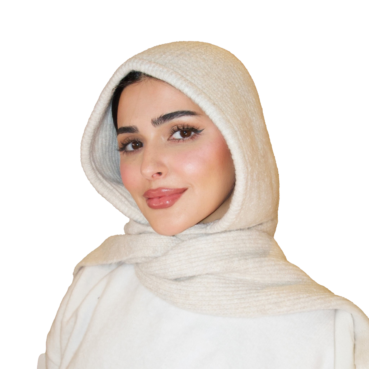 Woman wearing a beige hijab on a white background