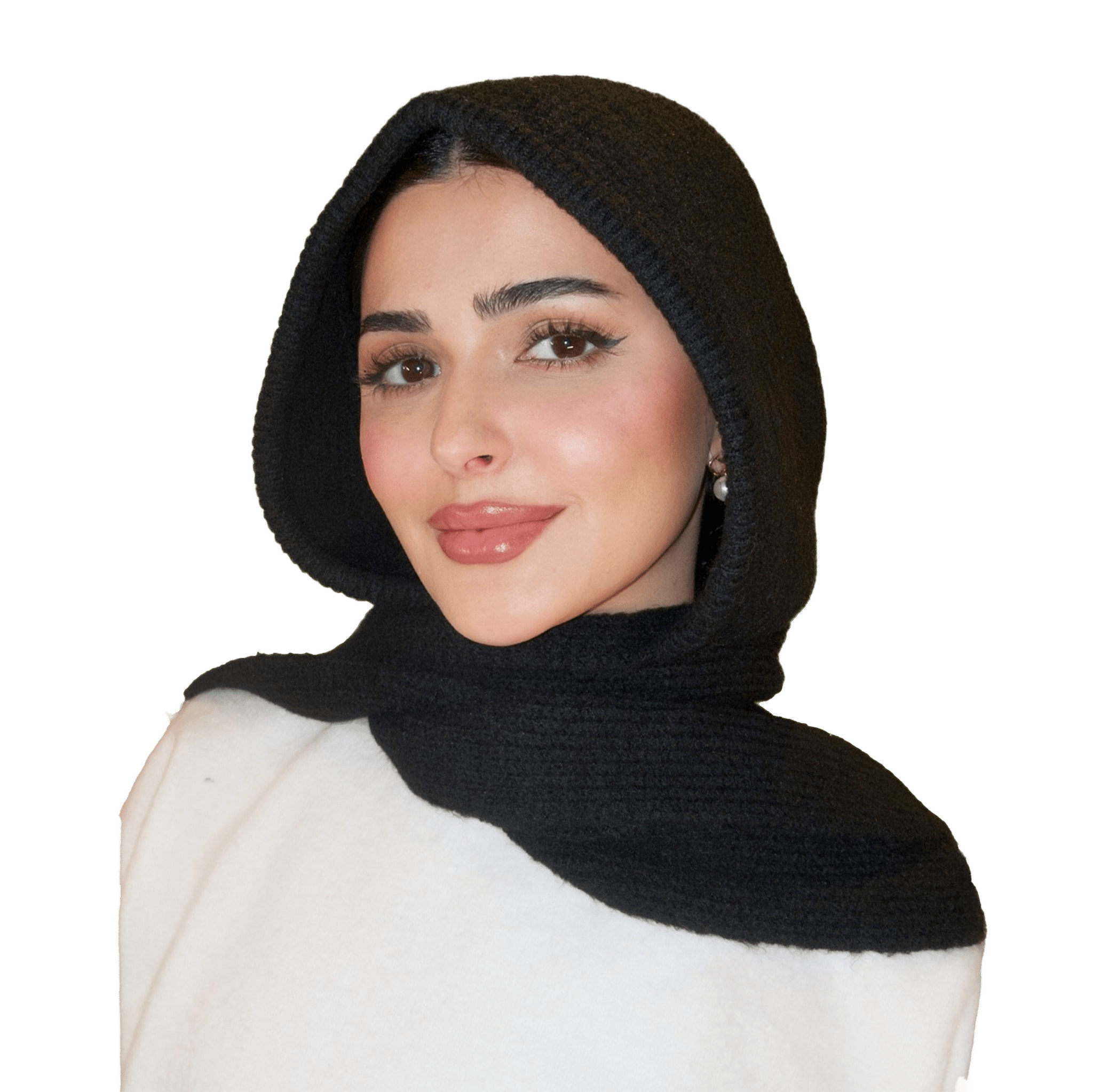 Woman wearing a black headscarf and white top on a white background