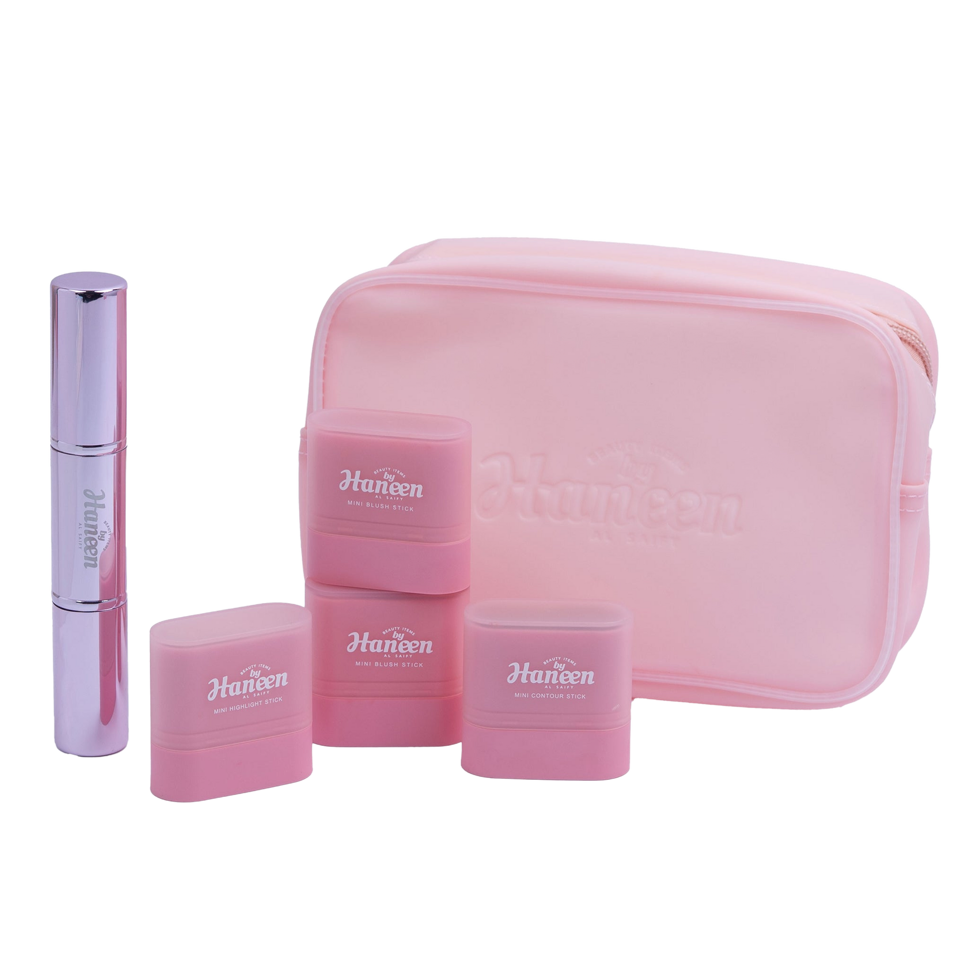 Pink cosmetic set with 'Hansen' branding on a white background
