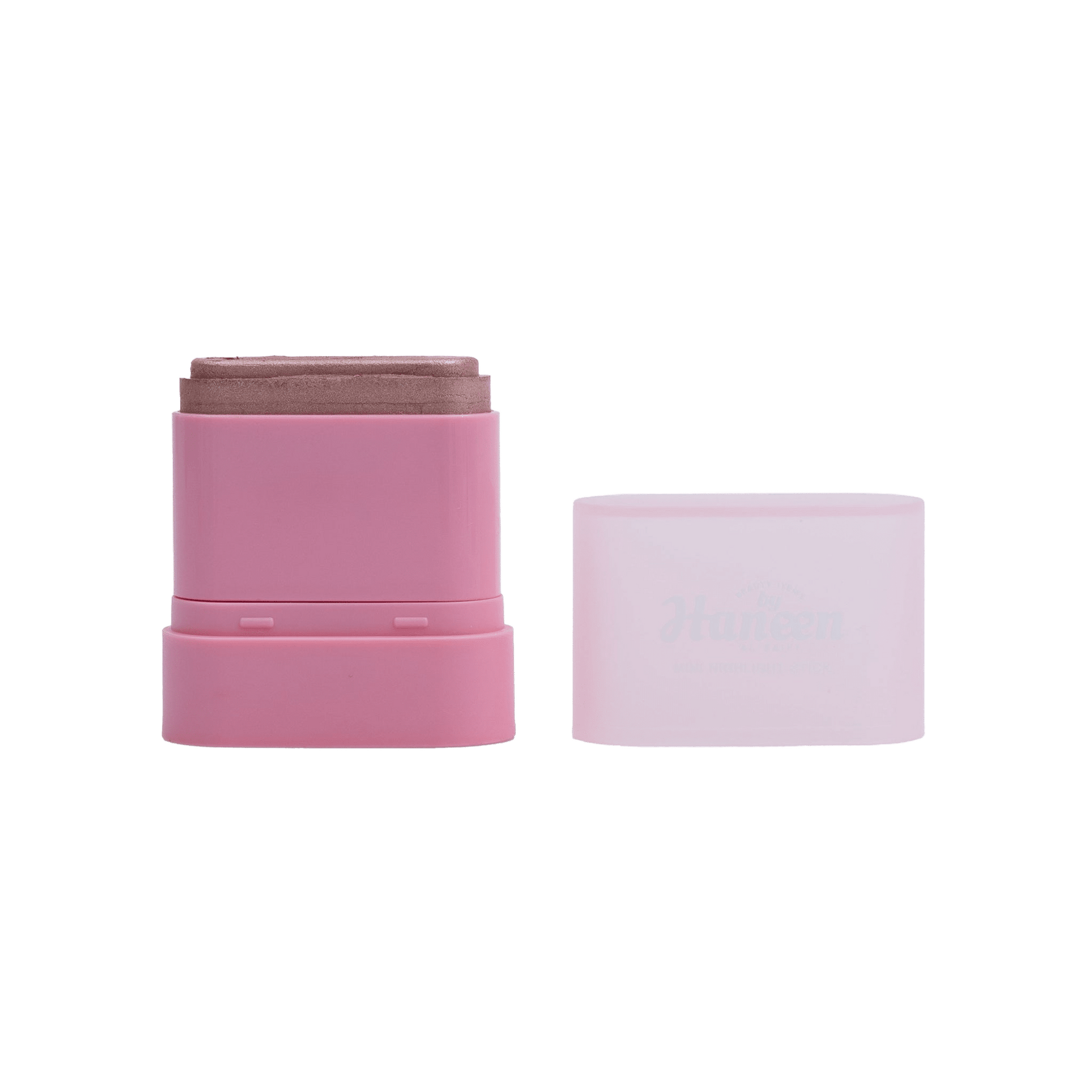 Pink cylindrical container with a smaller brown one on top, on a white background