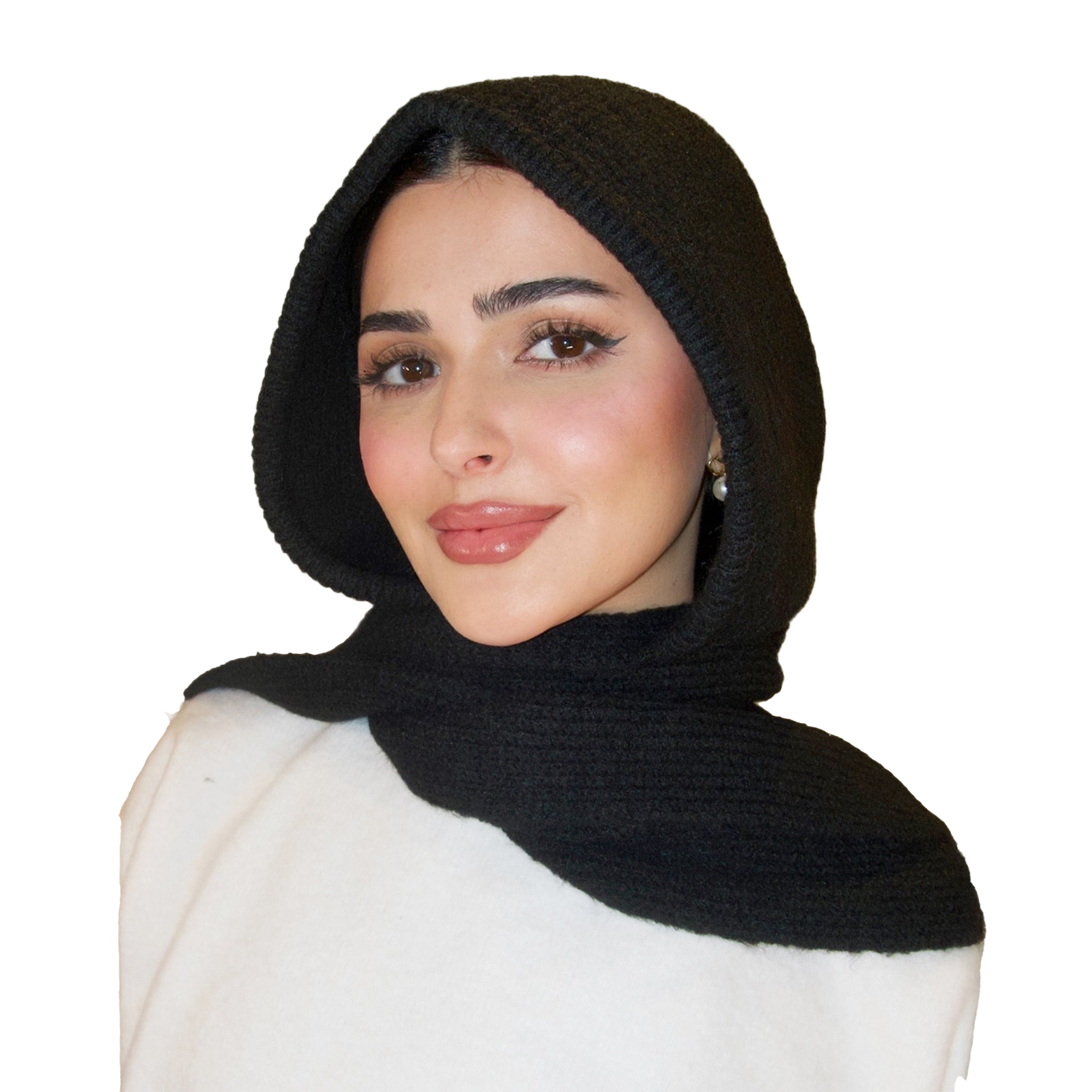 Woman wearing a black headscarf and white top on a white background