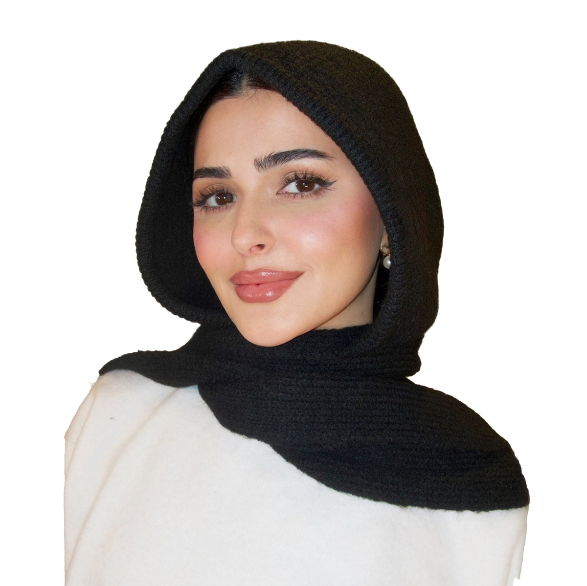 Woman wearing a black headscarf and white top on a white background