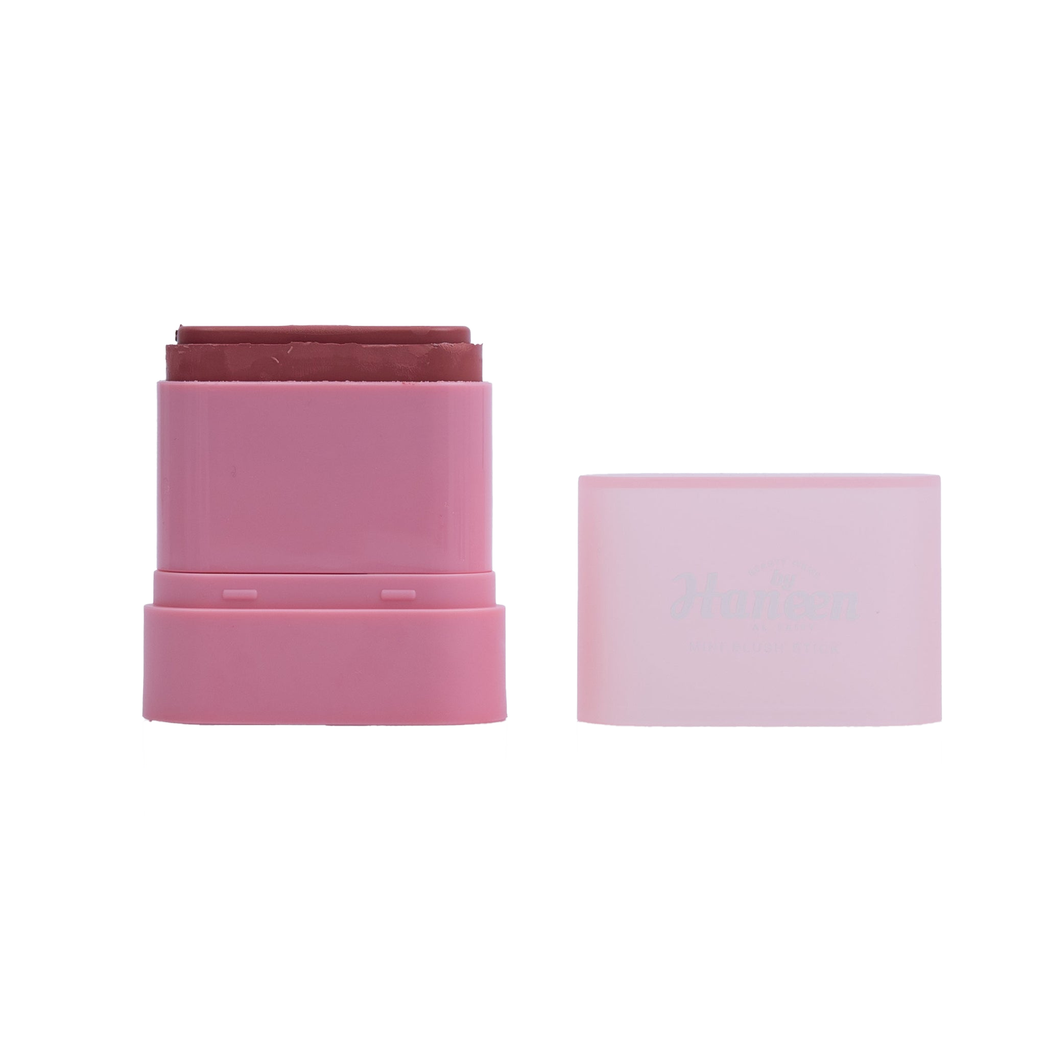 Pink makeup stick with a smaller pink container on a white background
