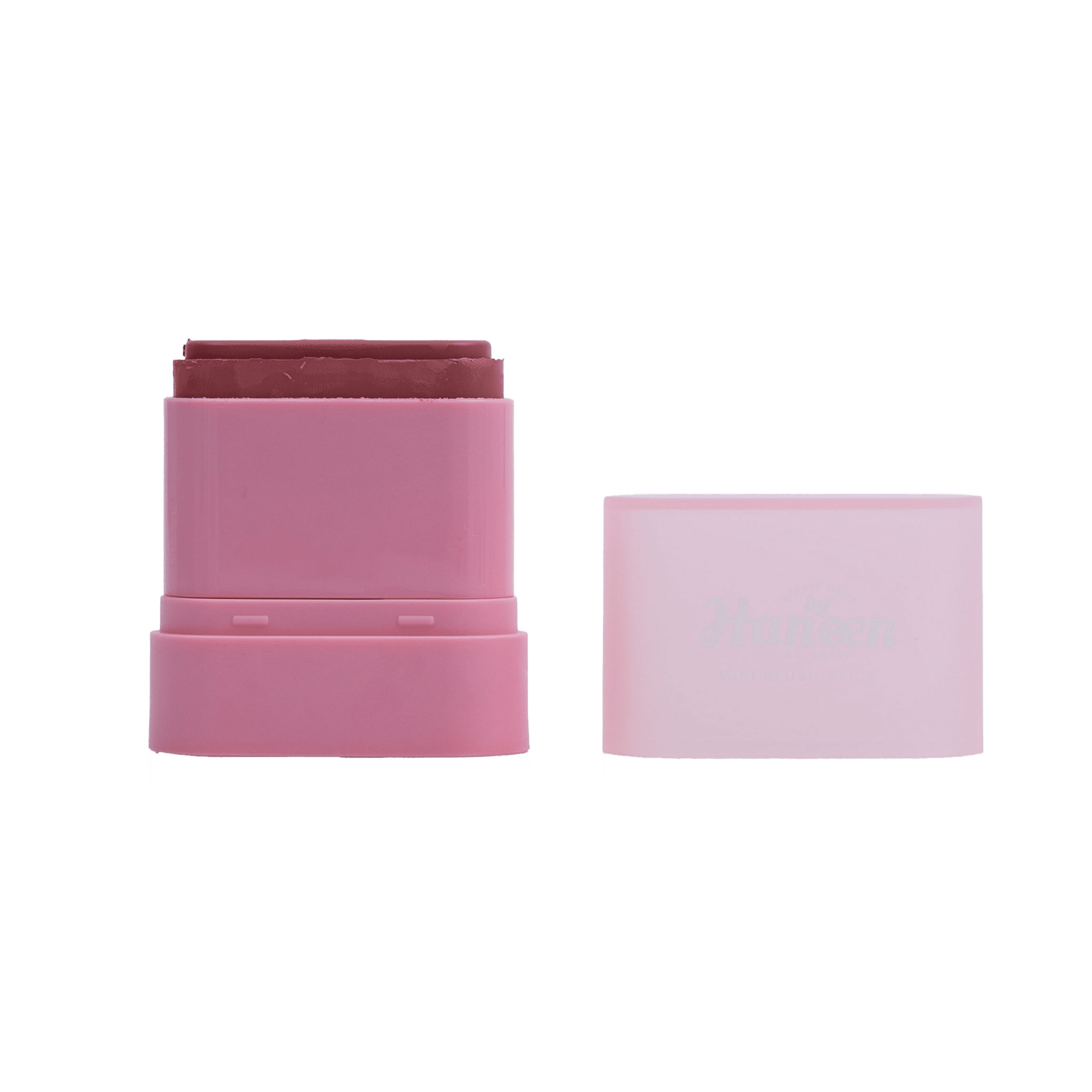 Pink makeup stick with a smaller pink container on a white background