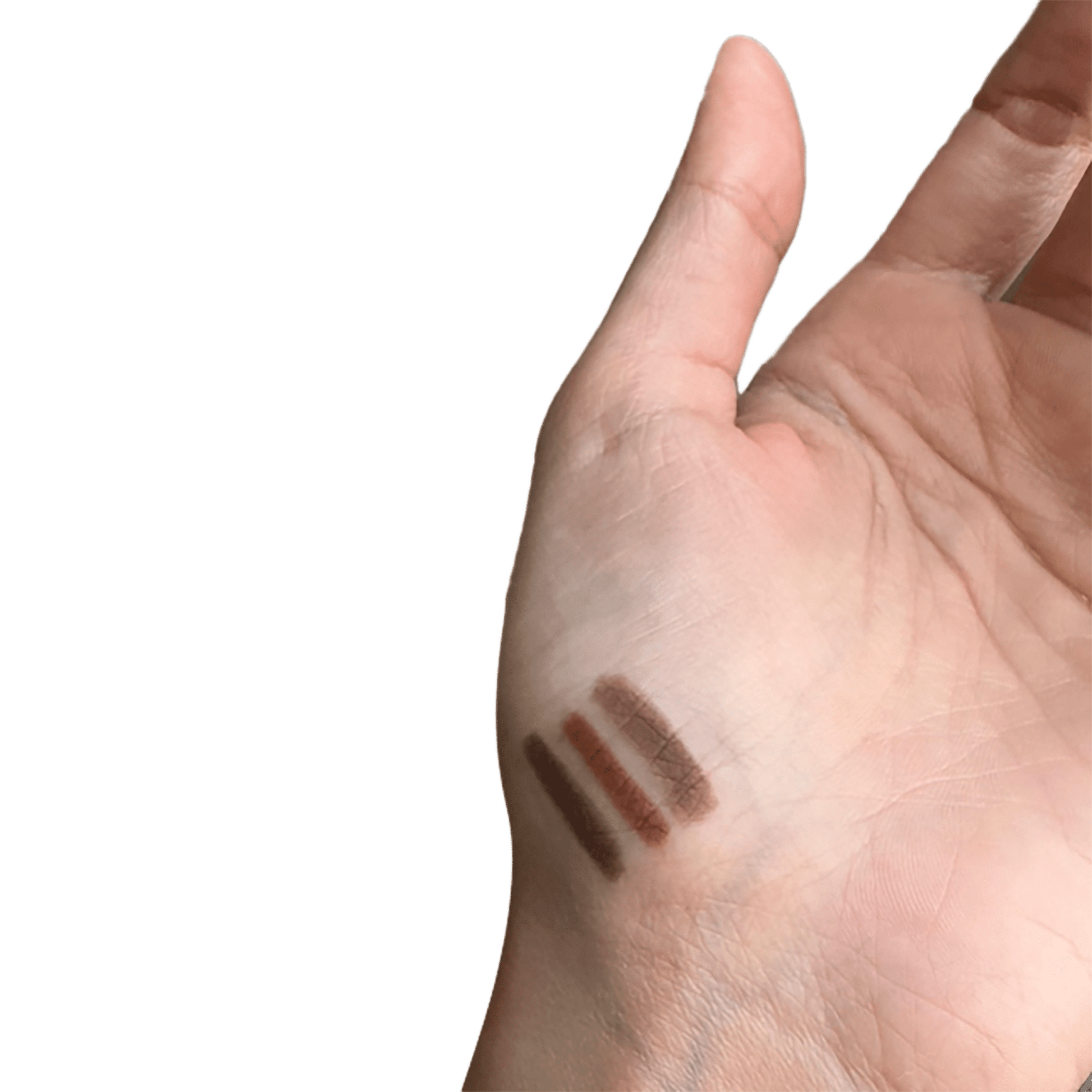 Two makeup swatches on a person's hand with a white background