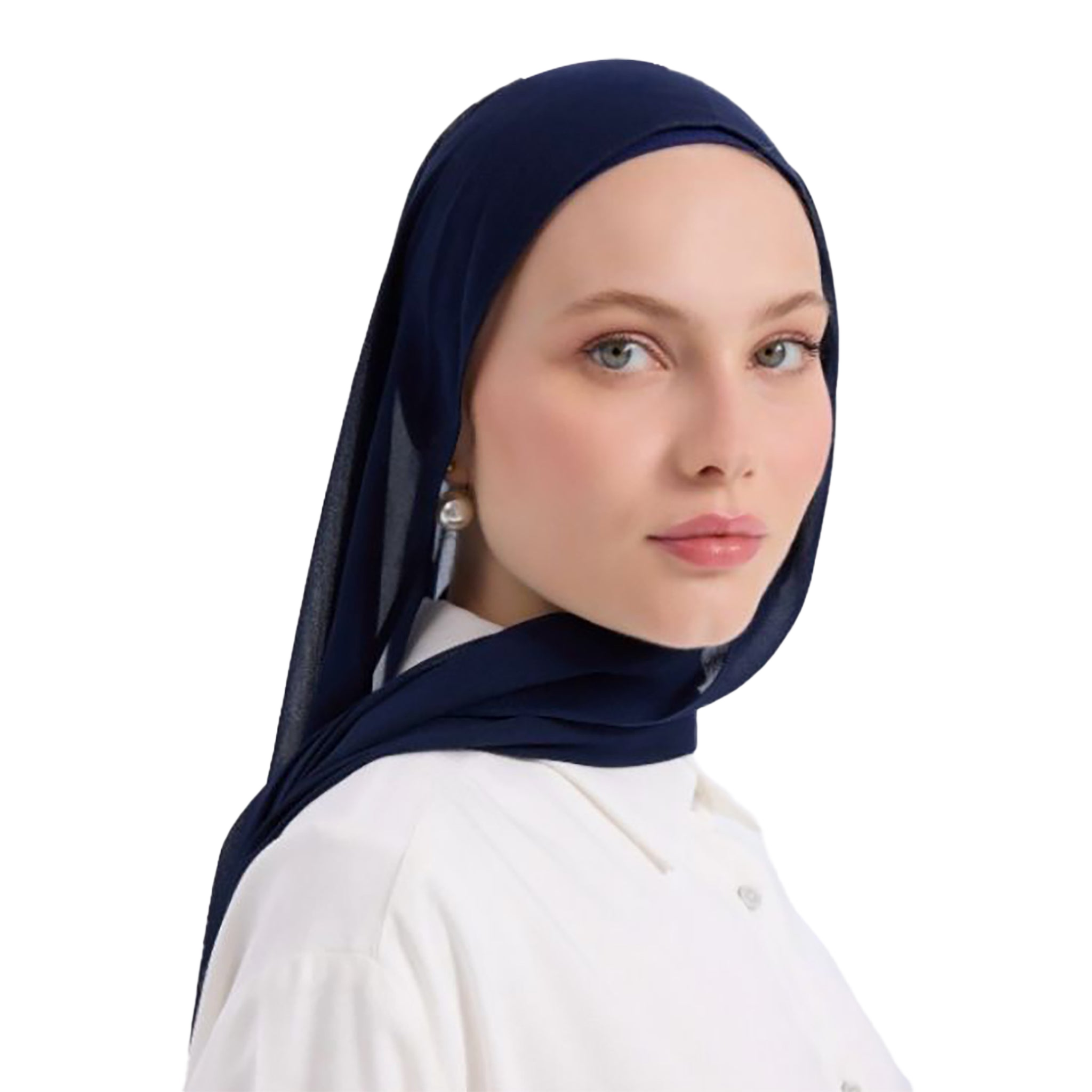 Woman wearing a navy hijab and white shirt on a white background