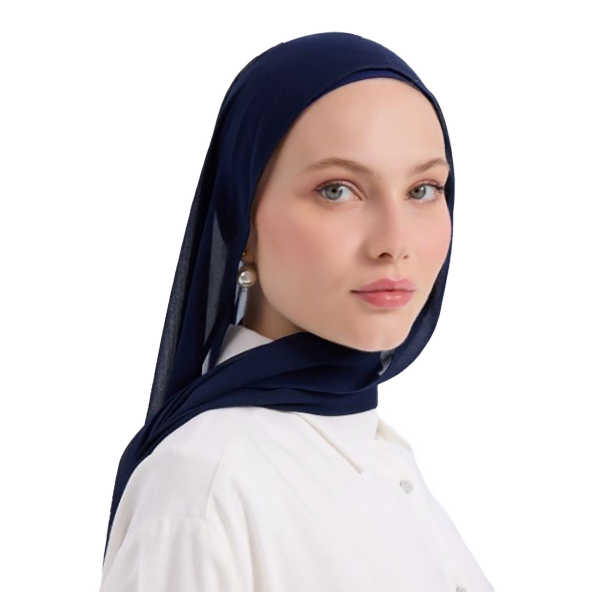 Woman wearing a navy hijab and white shirt on a white background