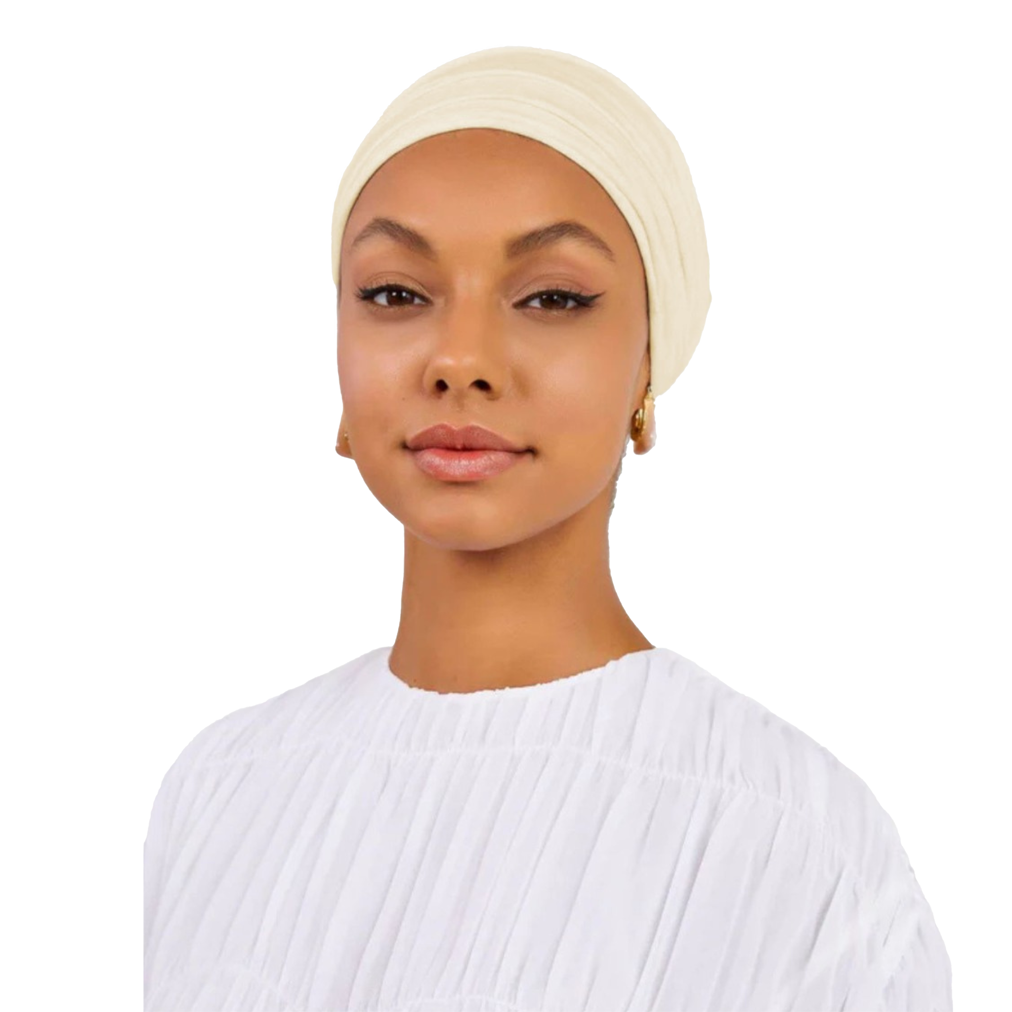 Woman wearing a beige headscarf and white top on a white background