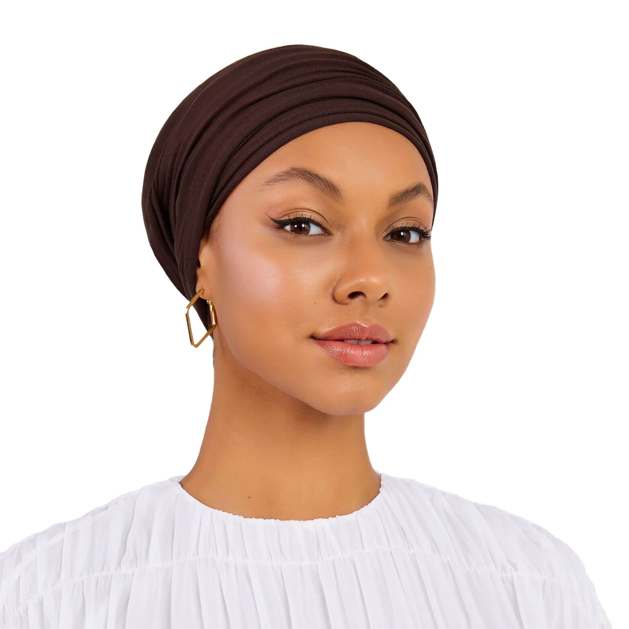 Woman wearing a brown headscarf on a white background