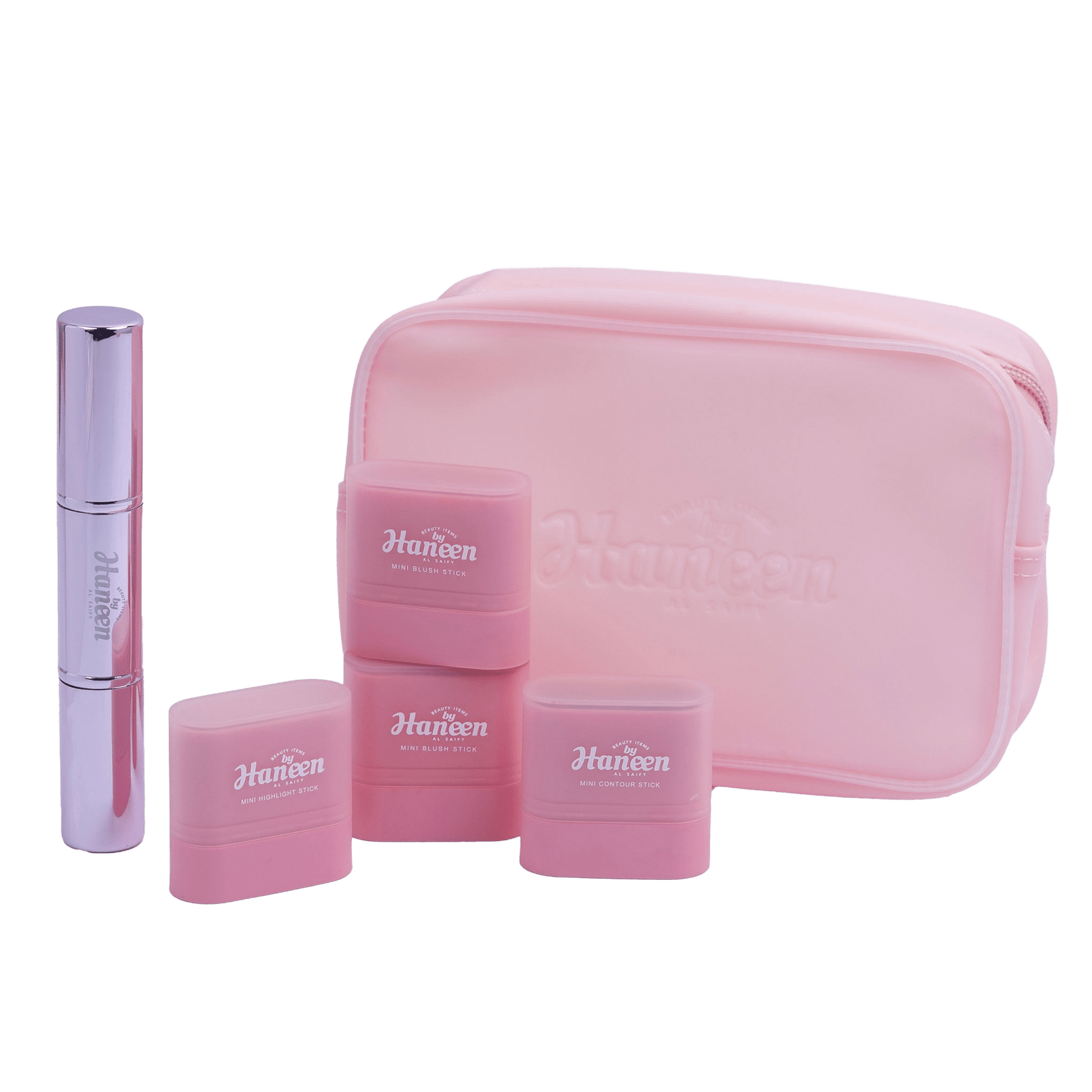 Pink cosmetic set with 'Hansen' branding on a white background