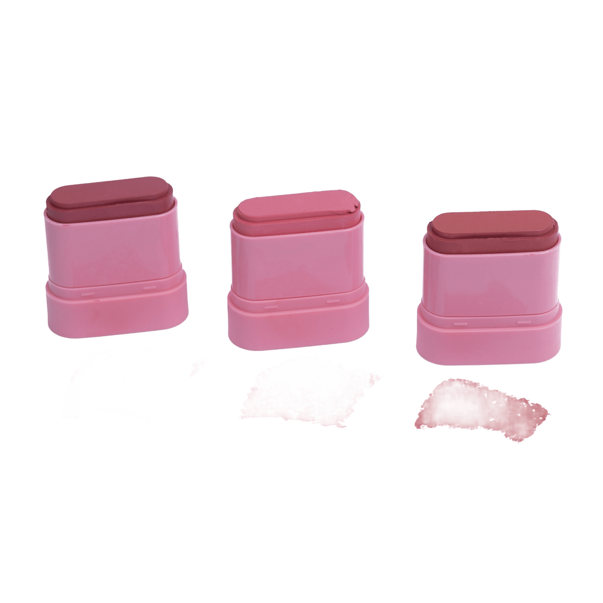 Three pink makeup tins with lip powder samples on a white background