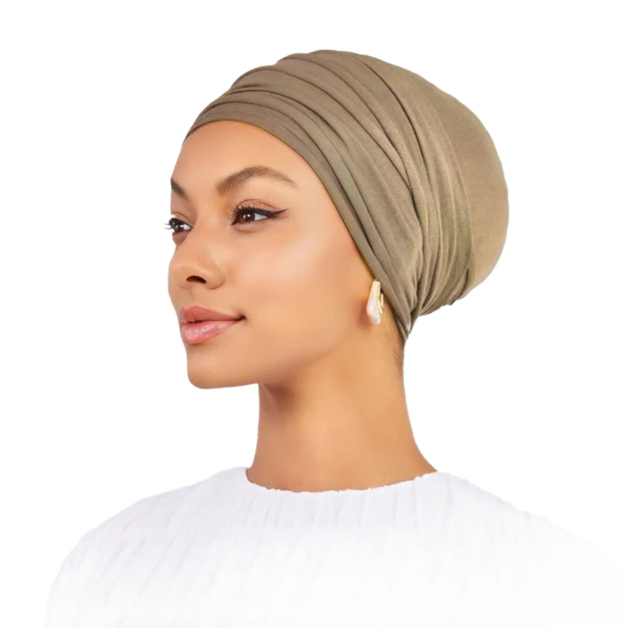 Woman wearing a beige headscarf on a white background