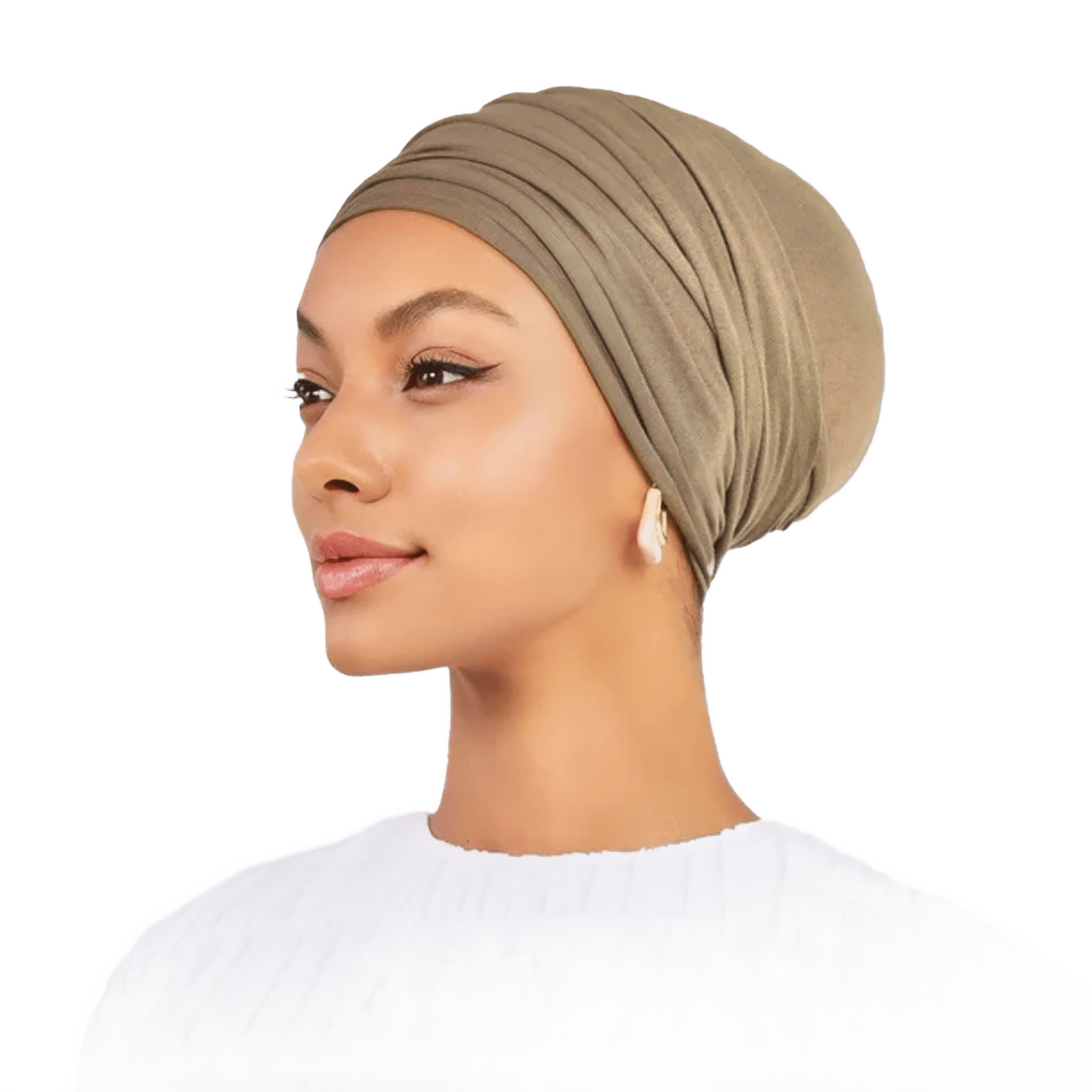 Woman wearing a beige headscarf on a white background