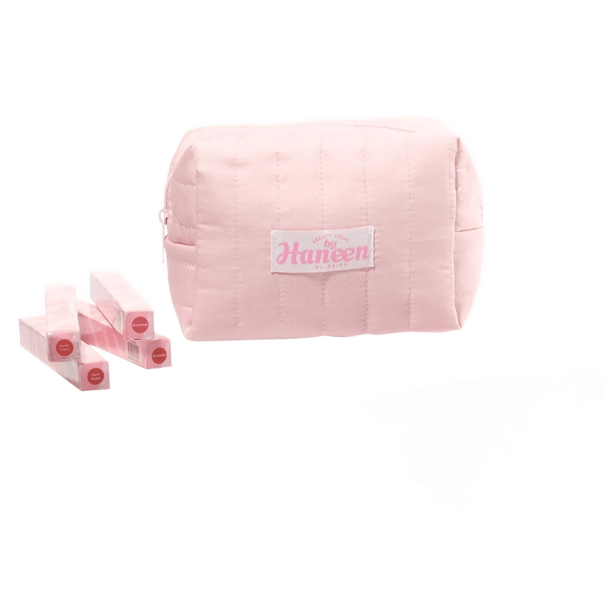 Pink pouch with Haneen branding and pink tubes on a white background