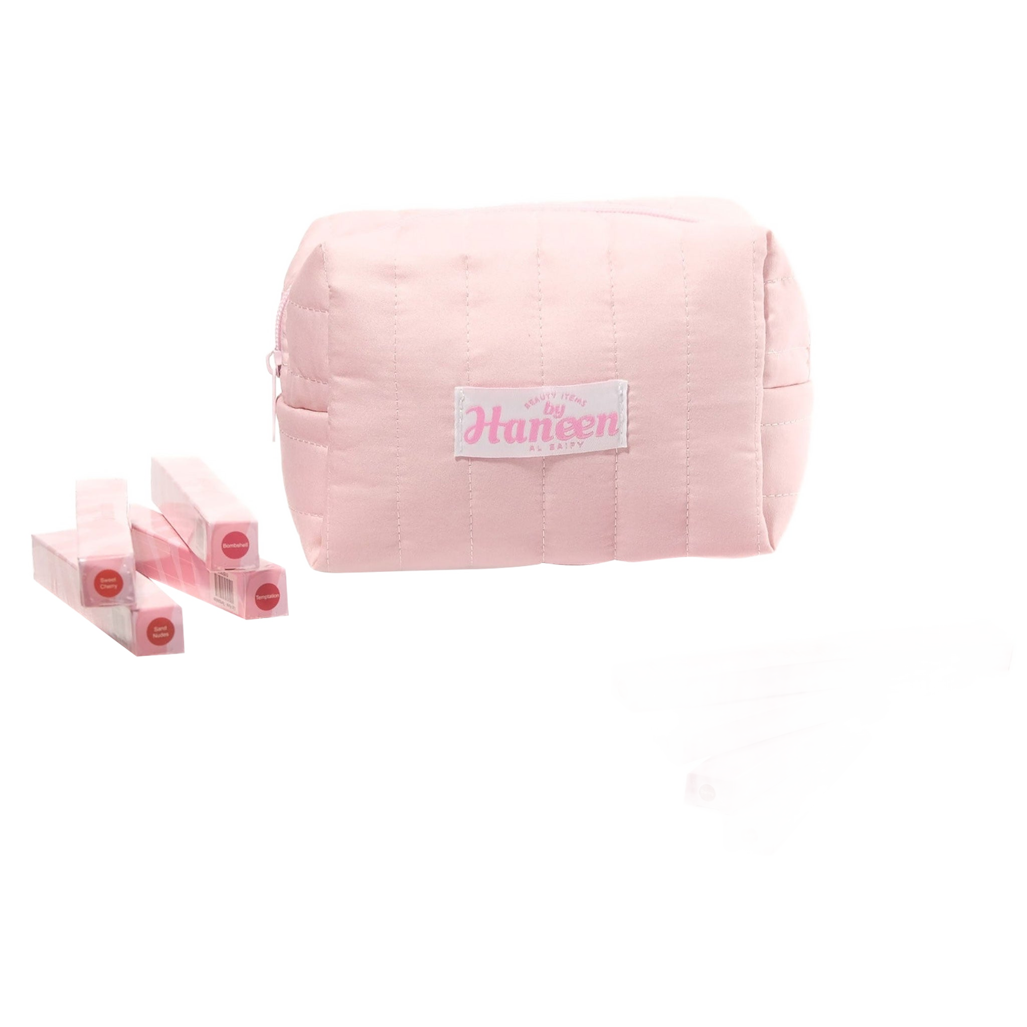 Pink pouch with Haneen branding and pink tubes on a white background