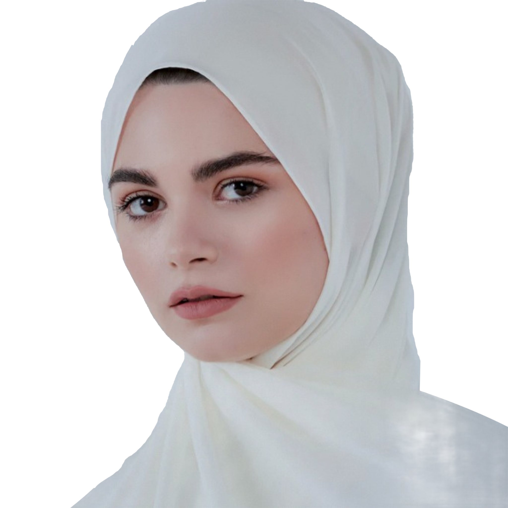 Woman wearing a white hijab on a white background