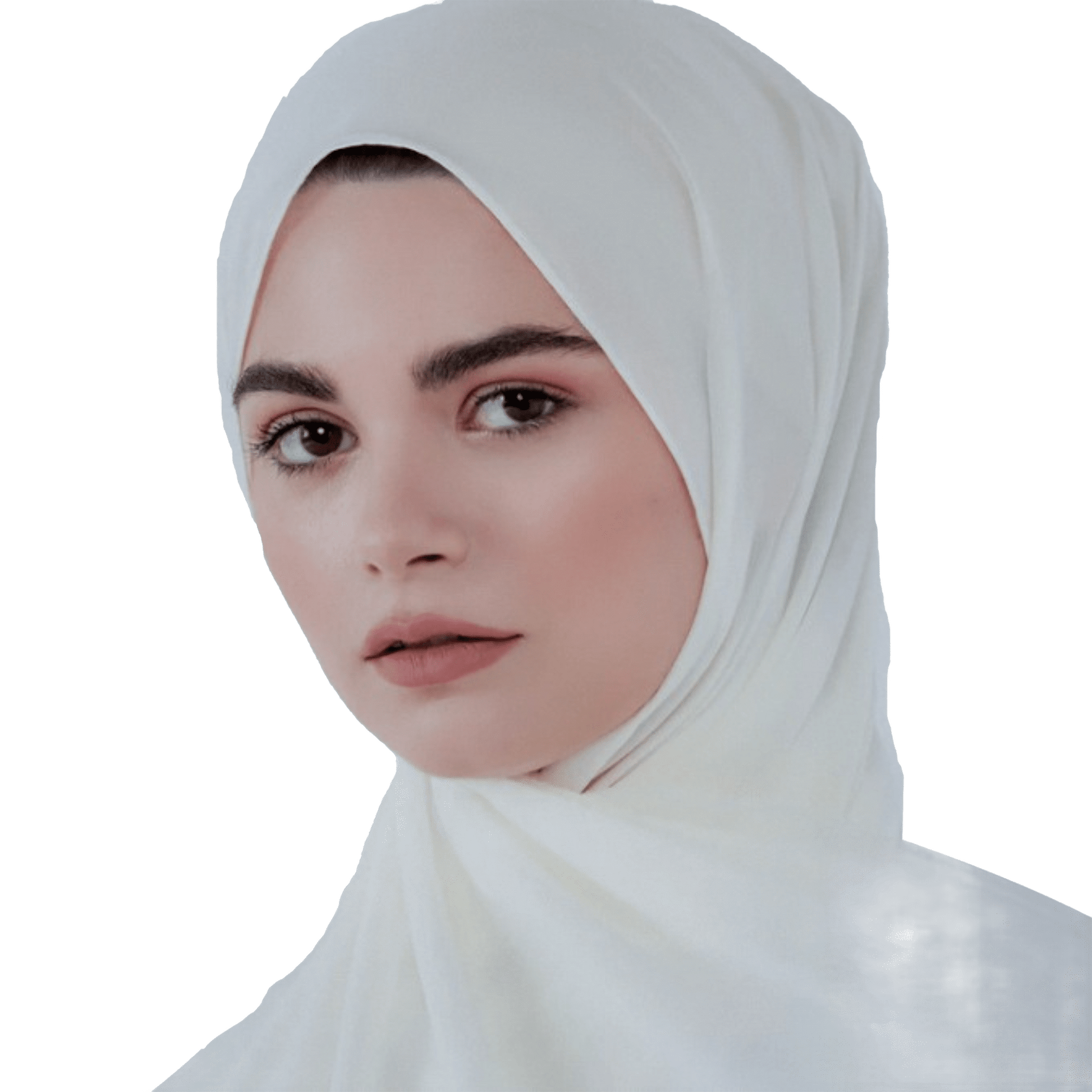 Woman wearing a white hijab on a white background