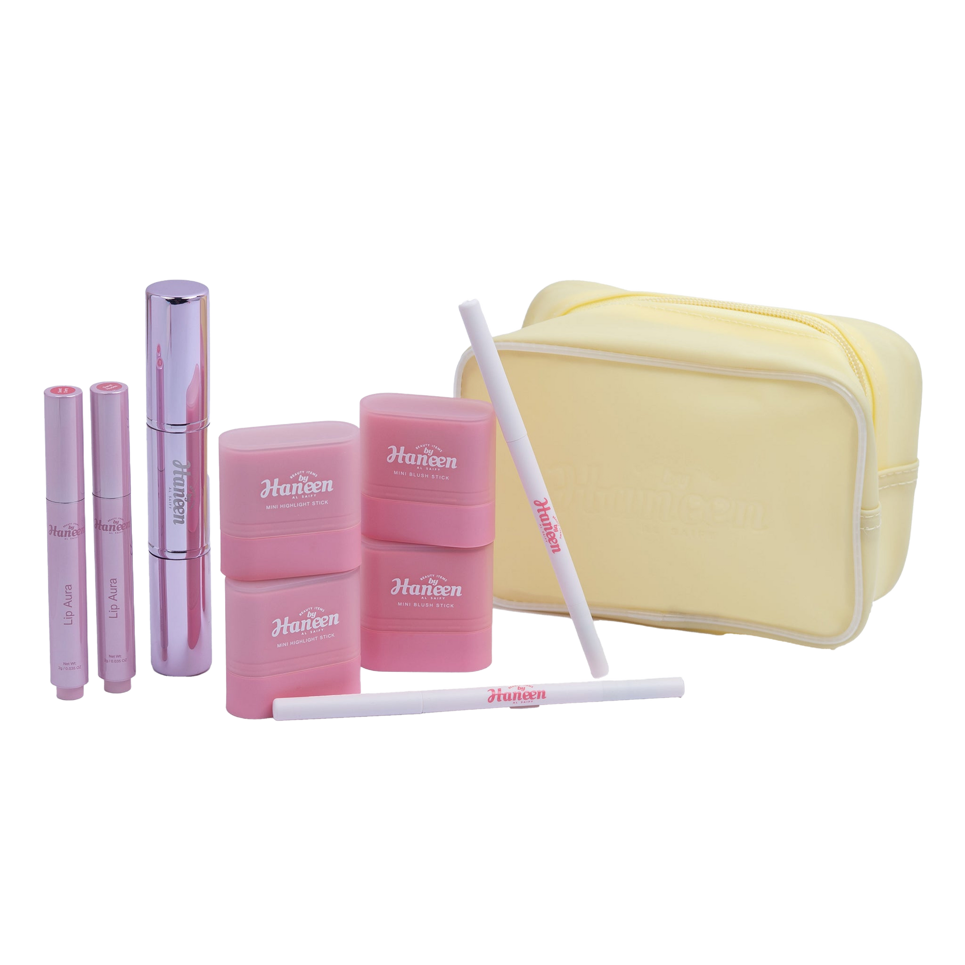 Set of pink and yellow makeup items with 'Haven' branding on a white background