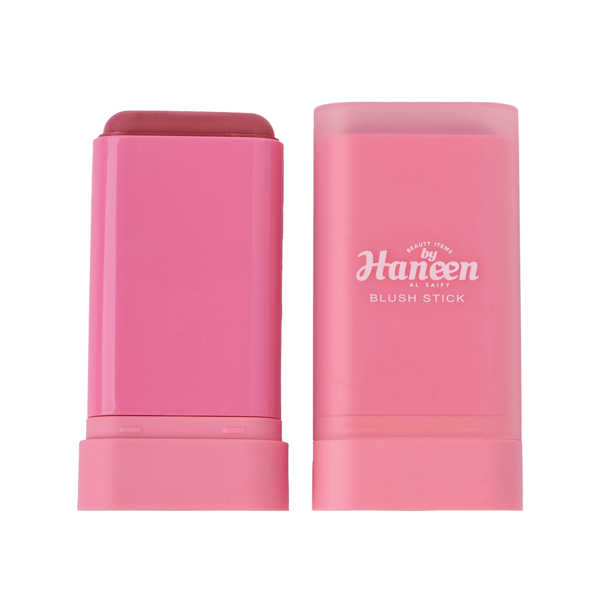Pink blush stick with packaging on a white background