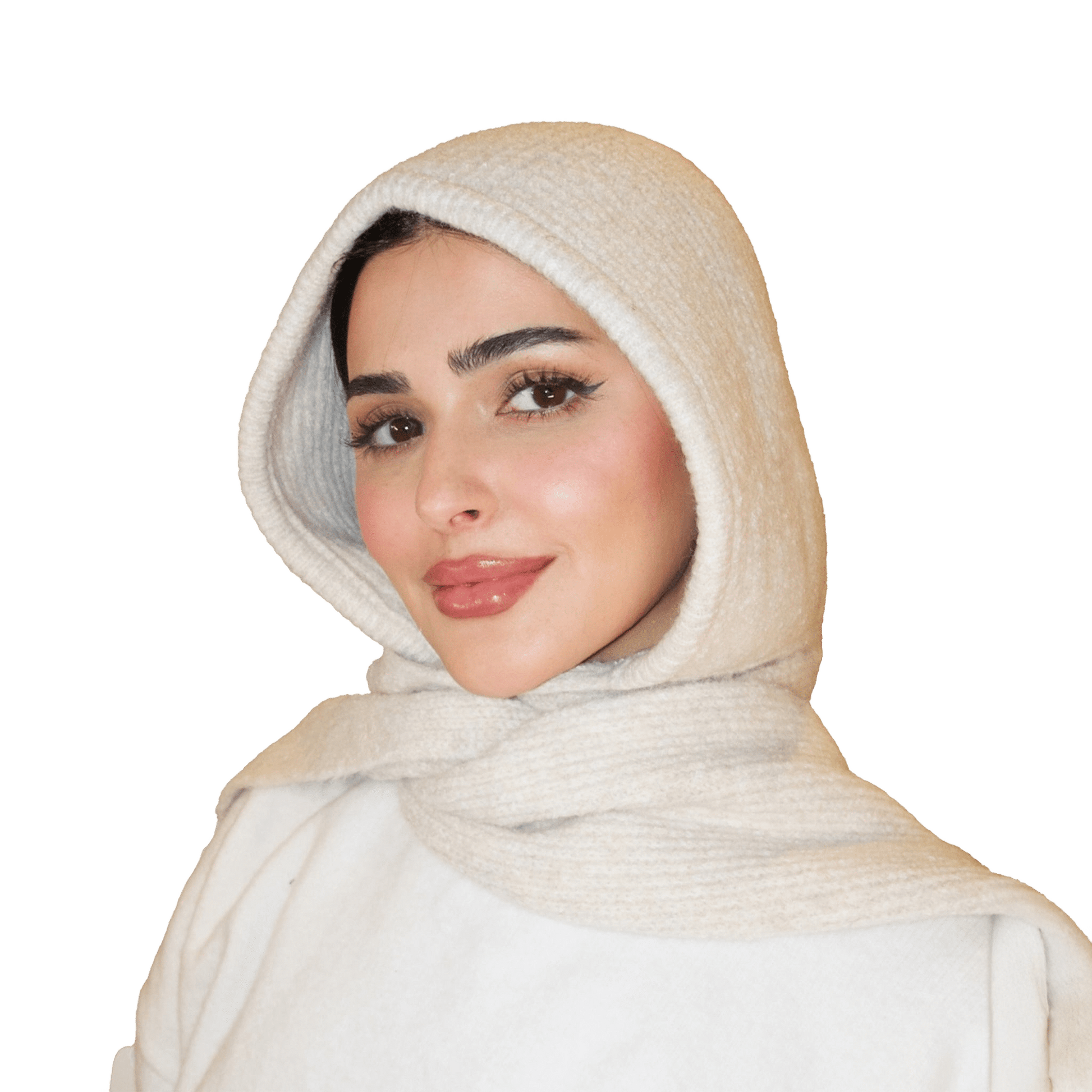 Woman wearing a beige hijab on a white background